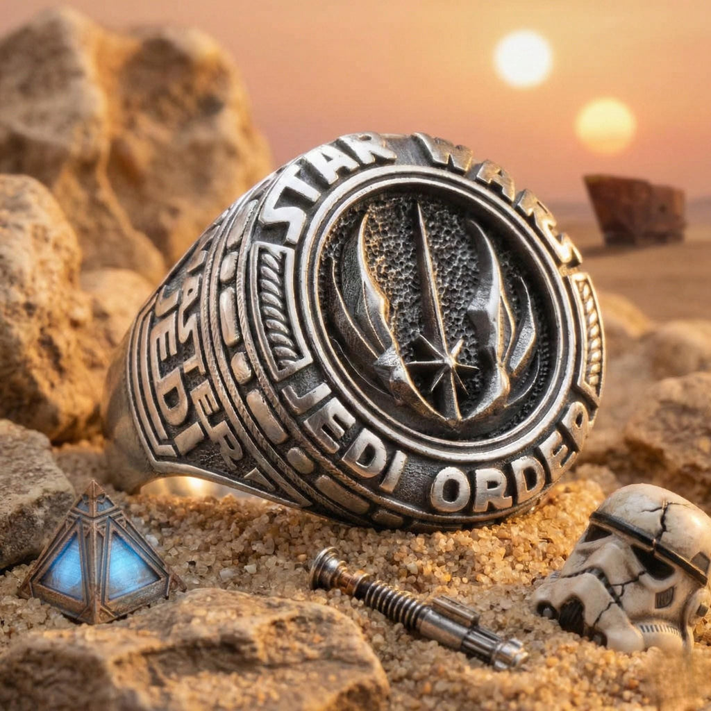 a ring with a Star Wars-themed design, surrounded by various Star Wars-related items such as a helmet, a weapon, and a gemstone.
