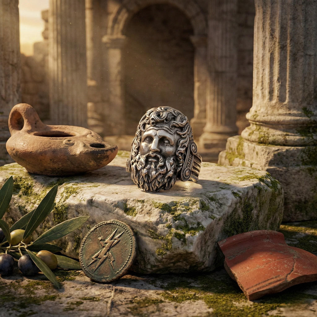 a ring with a bearded face, a broken pot, and a coin, all set against a backdrop of ancient ruins and columns.