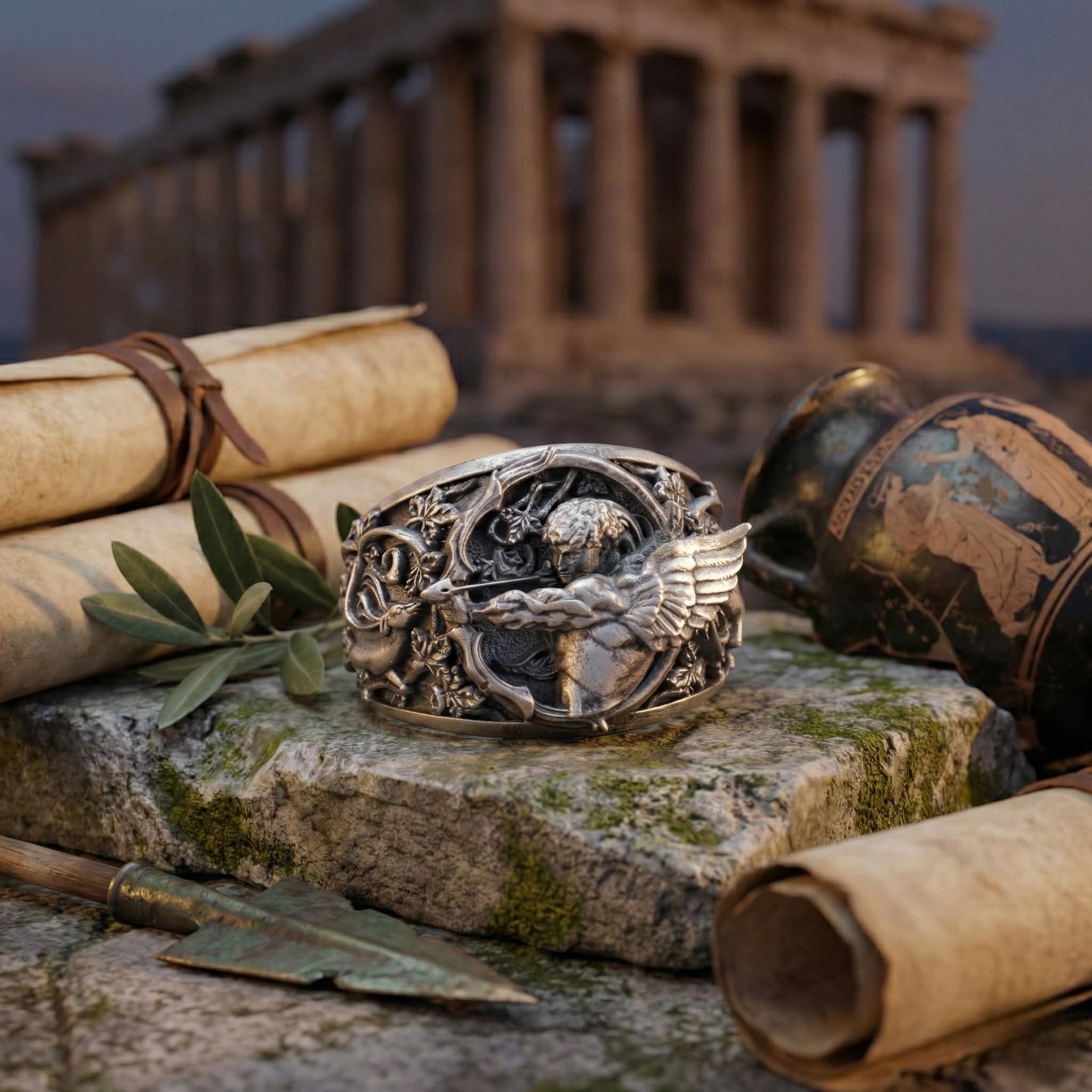 a silver bracelet with an intricate design, placed on a rock, with ancient artifacts and scrolls in the background.