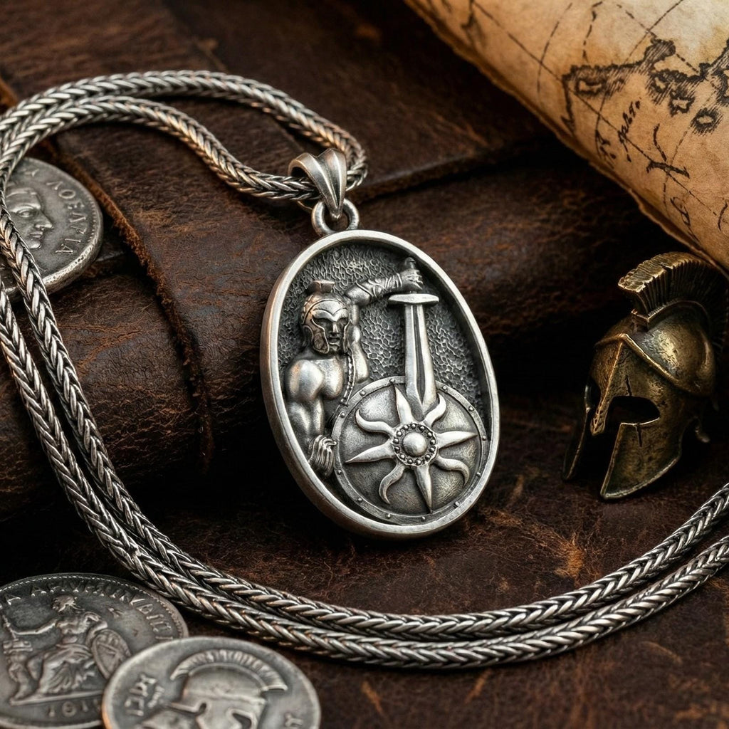 Roma Gladyatör Kolye Ucu Oksitlenmiş Gümüş Savaşçı Kalkanı Şeklinde Takı
