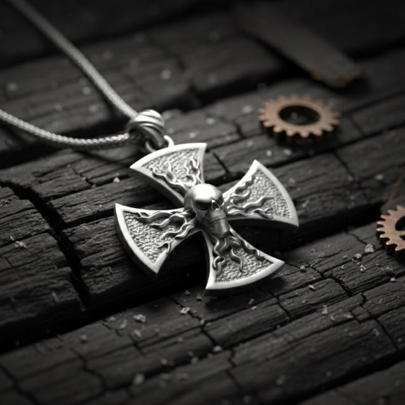 Oksitlenmiş Gümüş Kafatası Haç Kolye Gotik Alev Desenli Gösterişli Takı