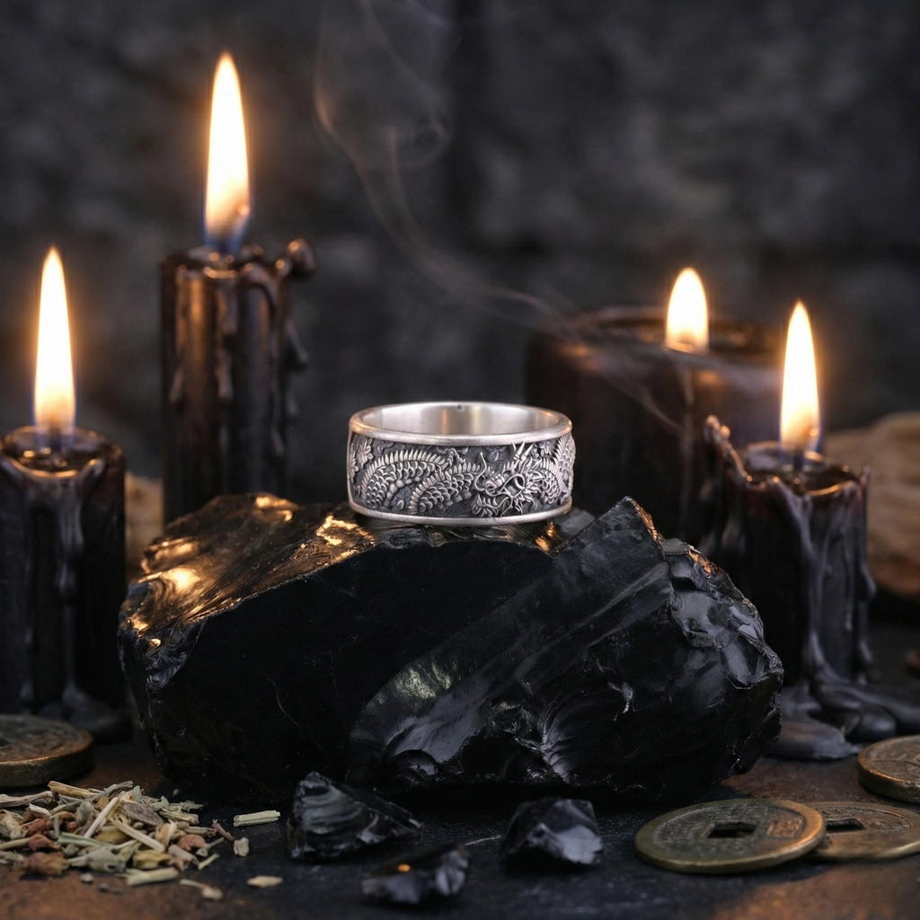a ring with a dragon design, surrounded by candles and various objects, including a black rock and coins, all set against a dark background.