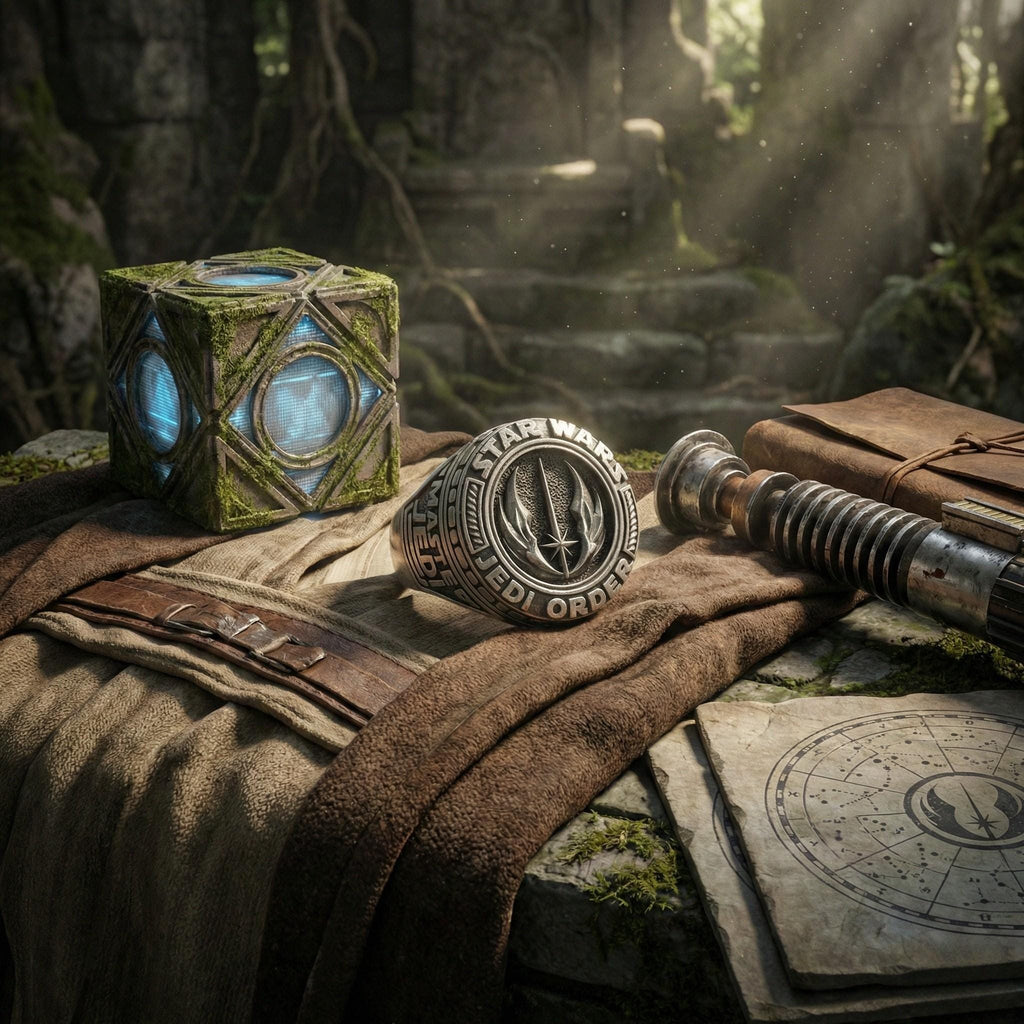 a ring with a Star Wars logo, a sword, and a map, all placed on a mossy surface in a forest setting.