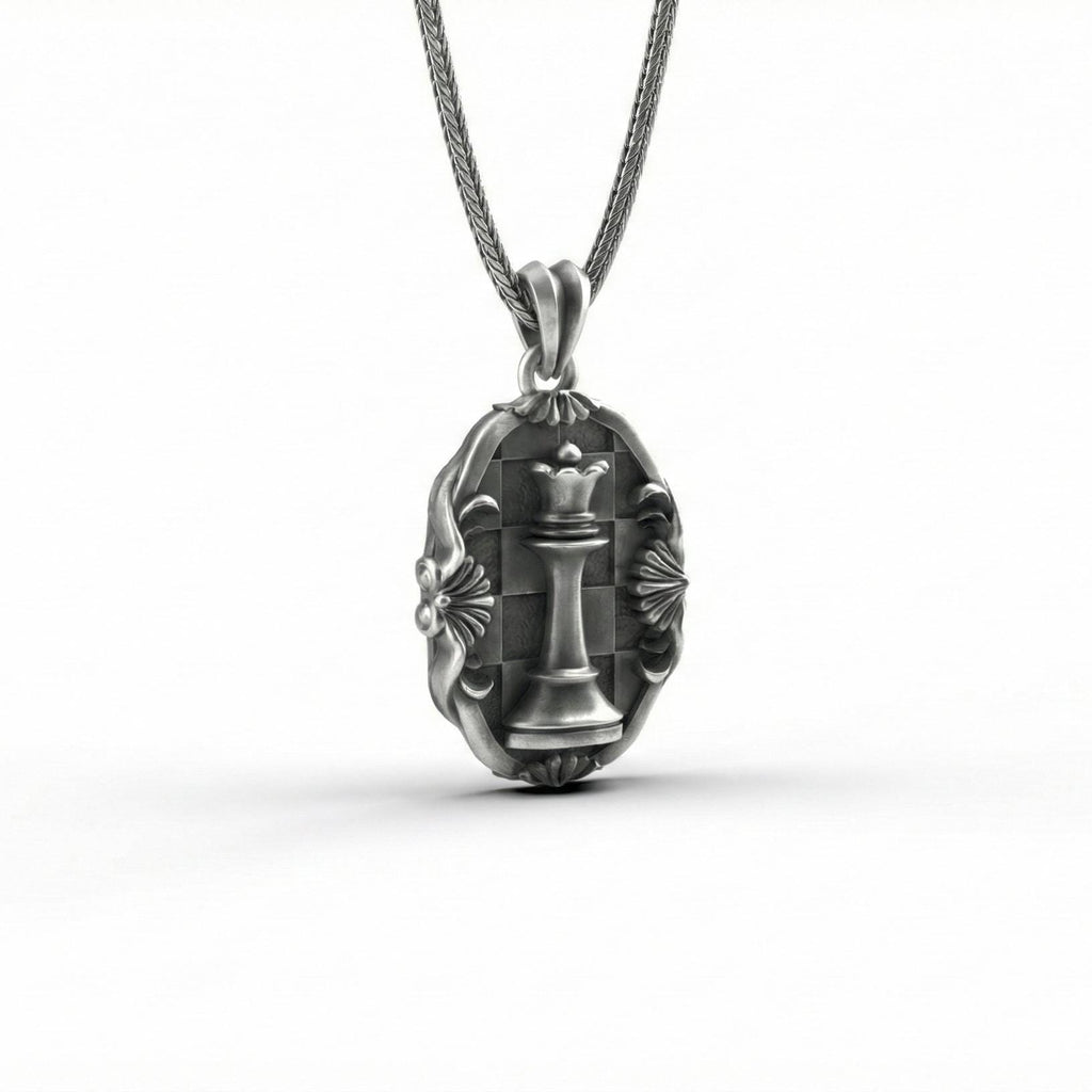 Antik Gümüş Satranç Vezir Kolye Ortaçağ Strateji Sembolü Takı