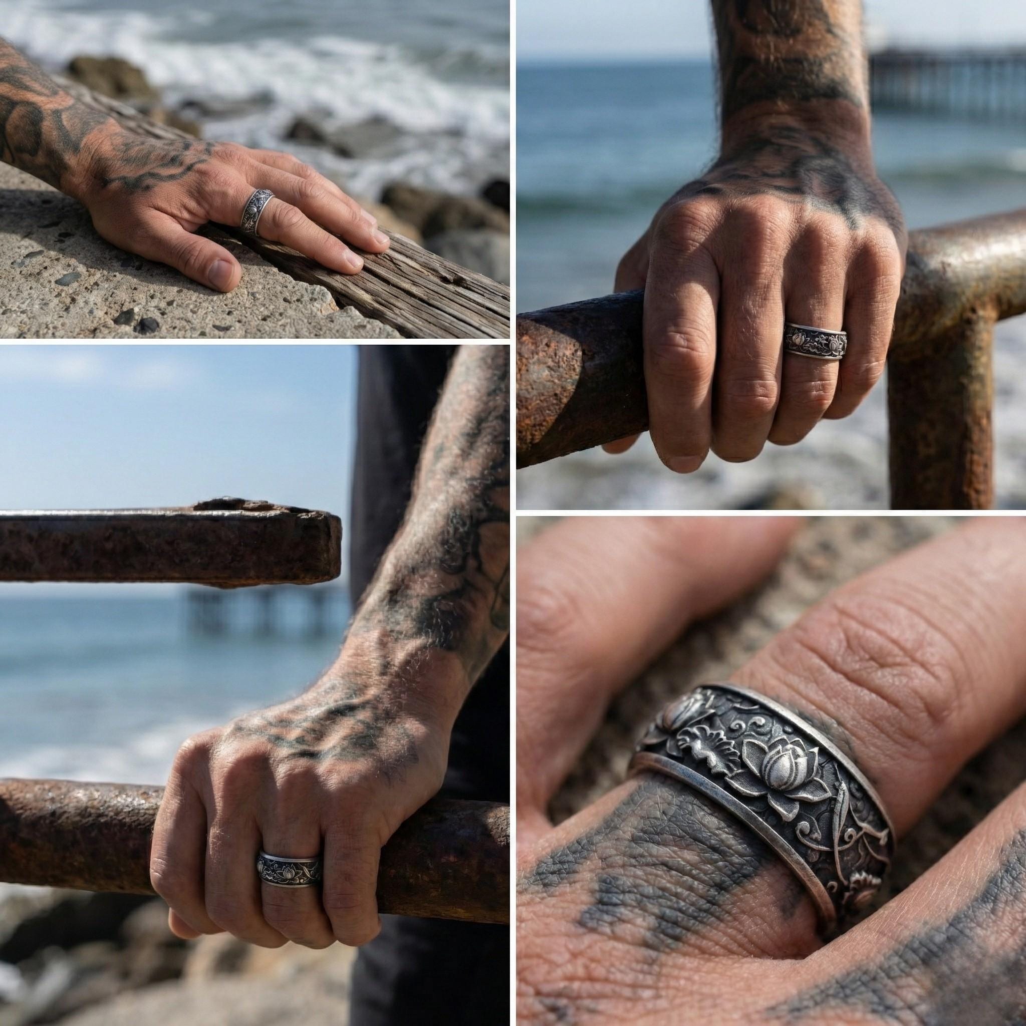 The image is a collage of four photos showing a person's hand wearing a silver ring, with the hand resting on a rusted metal railing, a close-up of the ring, and a close-up of the hand holding the railing.