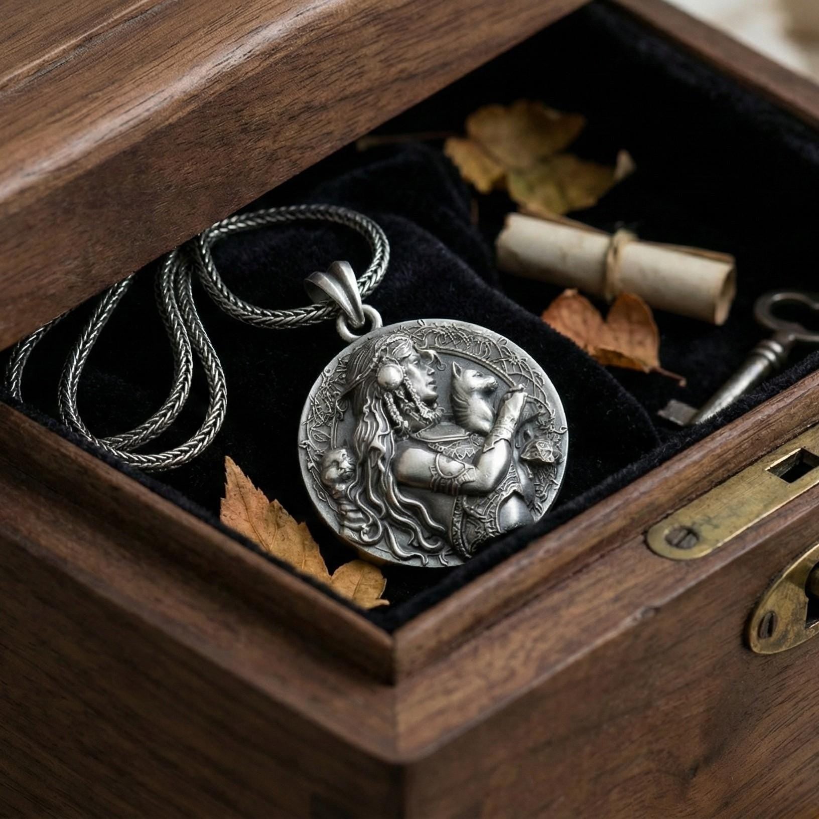 Freyja Tanrıçası Madalyon Kolye Ucu Oksitlenmiş Gümüş İskandinav Mitolojisi Temalı Takı