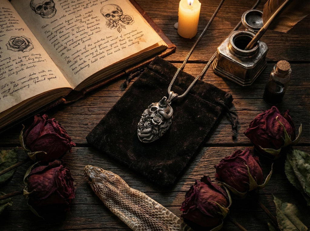 Gümüş Yılan Ve Kafatası Kolye Gotik Tak