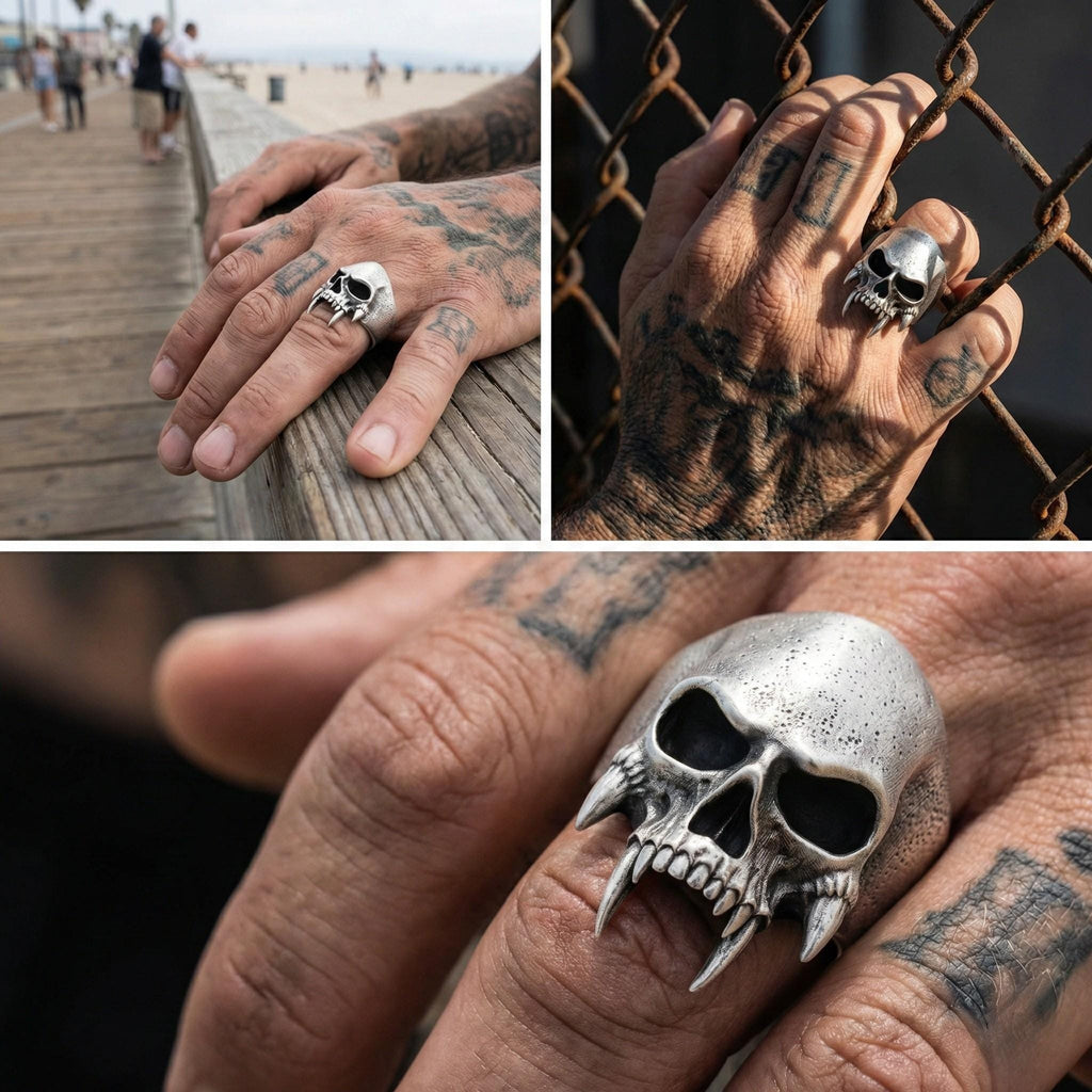 A close-up of a person's hand wearing a skull ring, with a wooden pier and people in the background.
