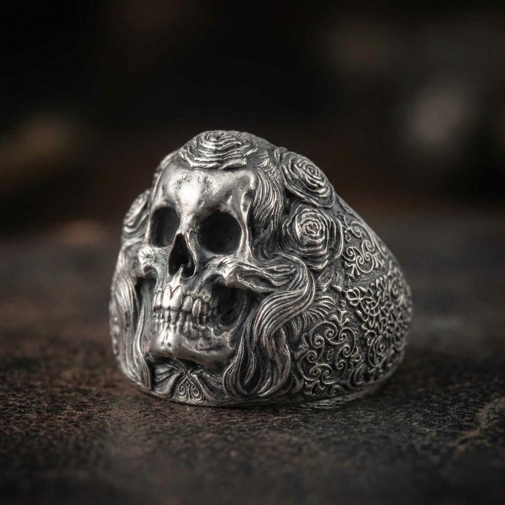 A silver ring with an intricate design featuring a skull and floral elements.