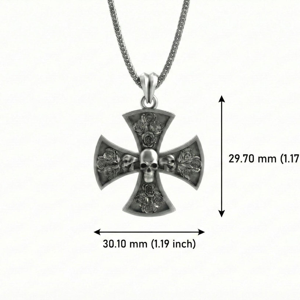 Oksitlenmiş Gümüş Kafatası Ve Gül Detaylı Haç Kolye