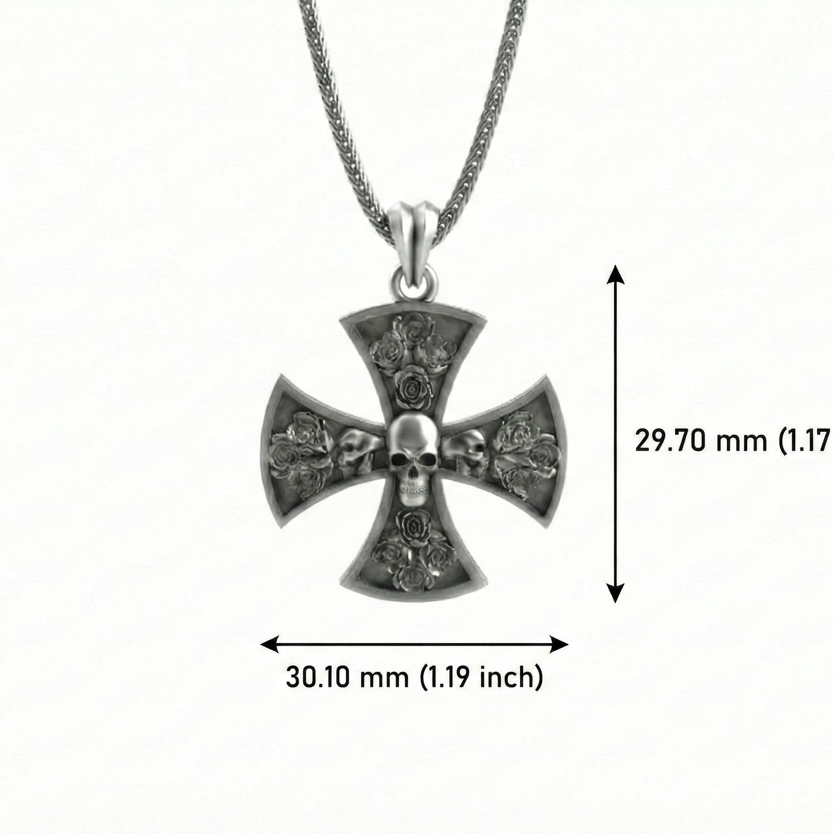 Oksitlenmiş Gümüş Kafatası Ve Gül Detaylı Haç Kolye