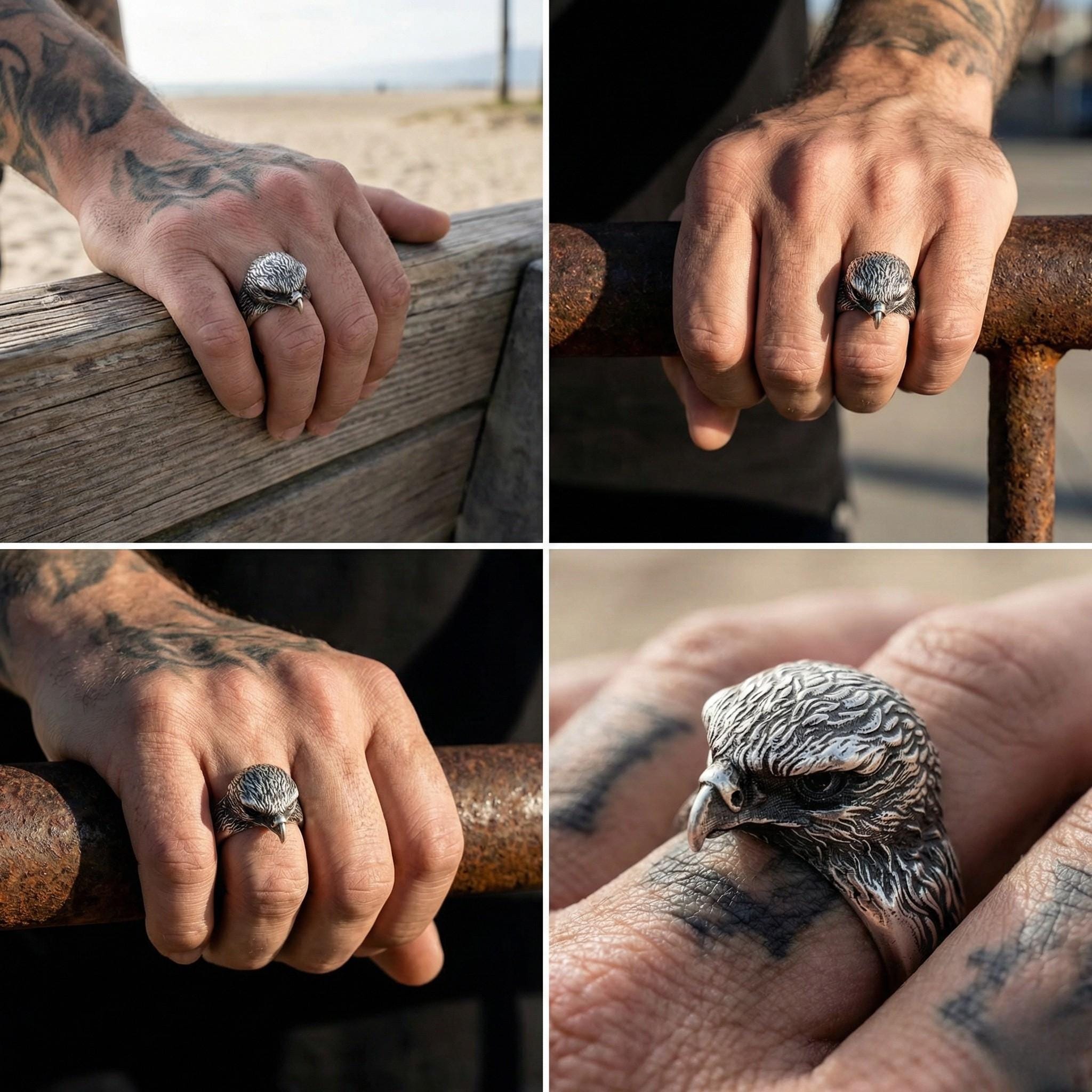 The image is a collage of four photos featuring a person's hand wearing a unique ring shaped like an eagle head.