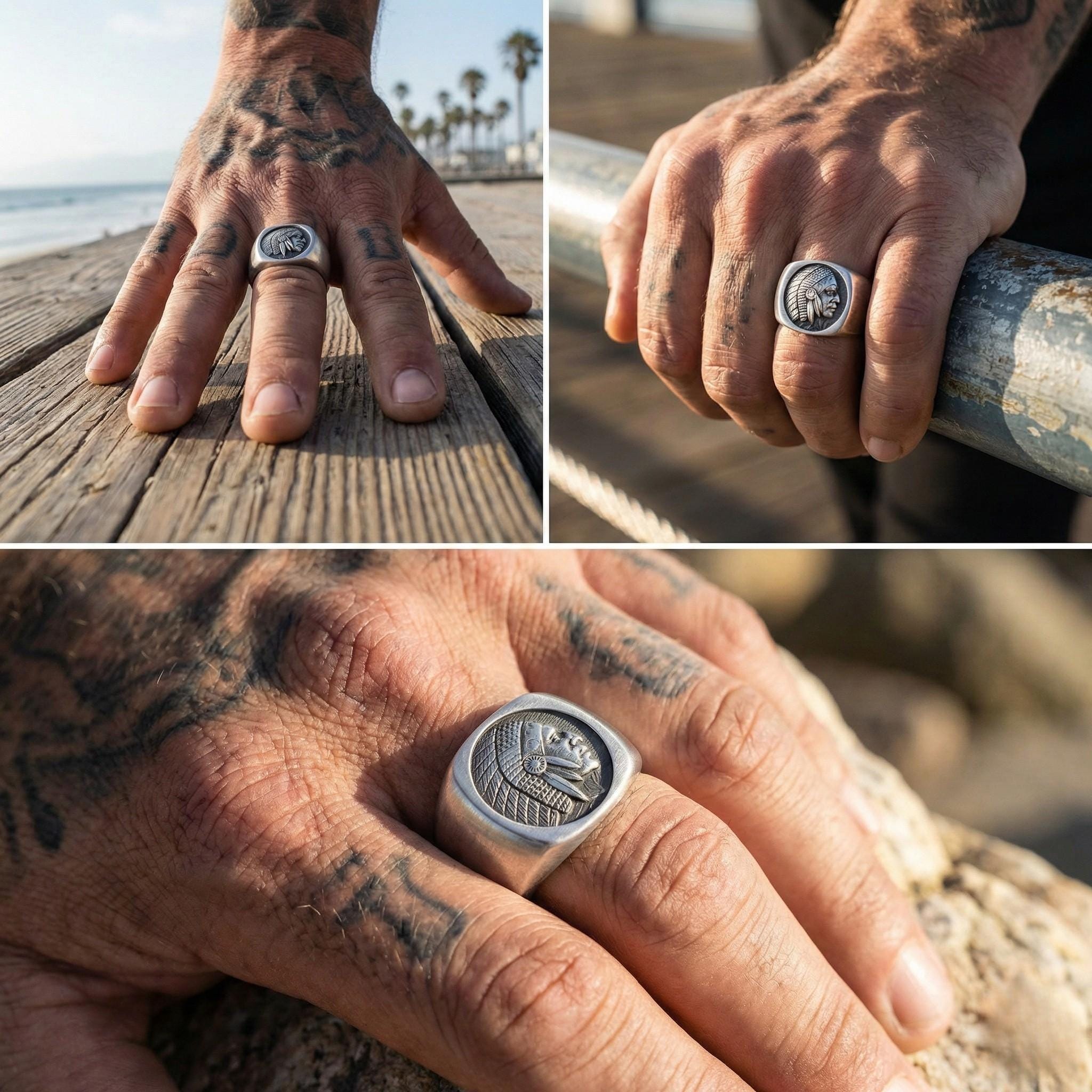 A collage of three close-up images of a person's hand wearing a silver ring with a unique design.