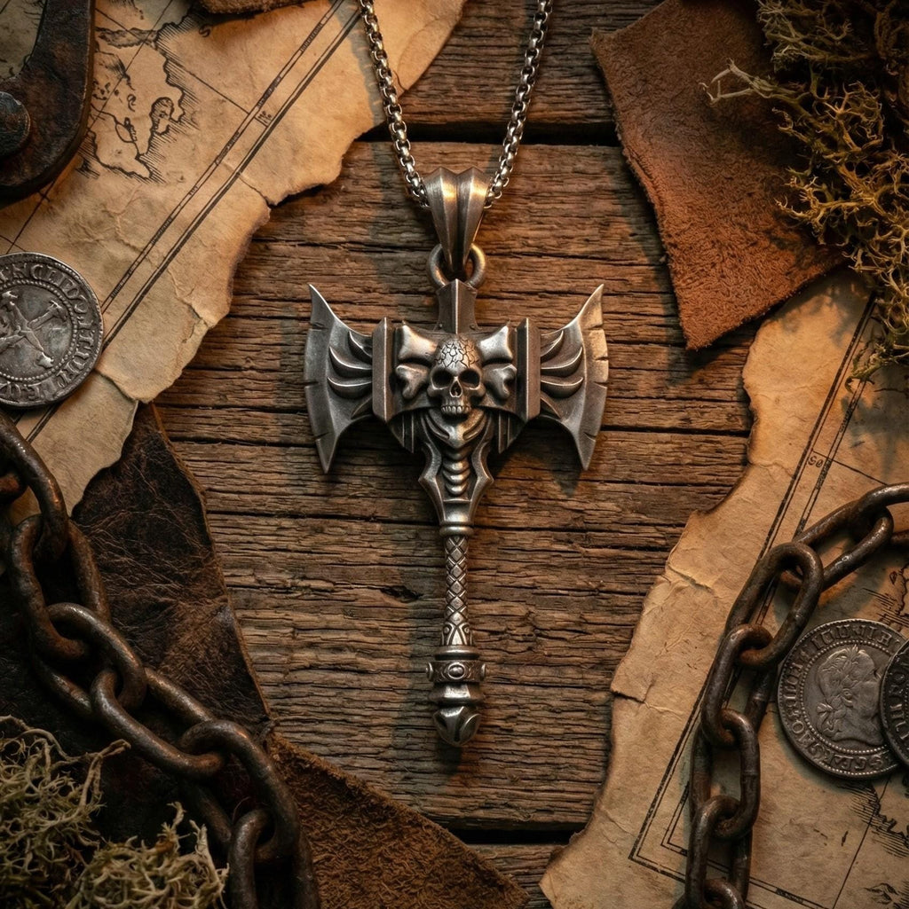 Savaş Baltası Kolye Ucu Oksitlenmiş Gümüş Kafatası Savaşçı Temalı Takı