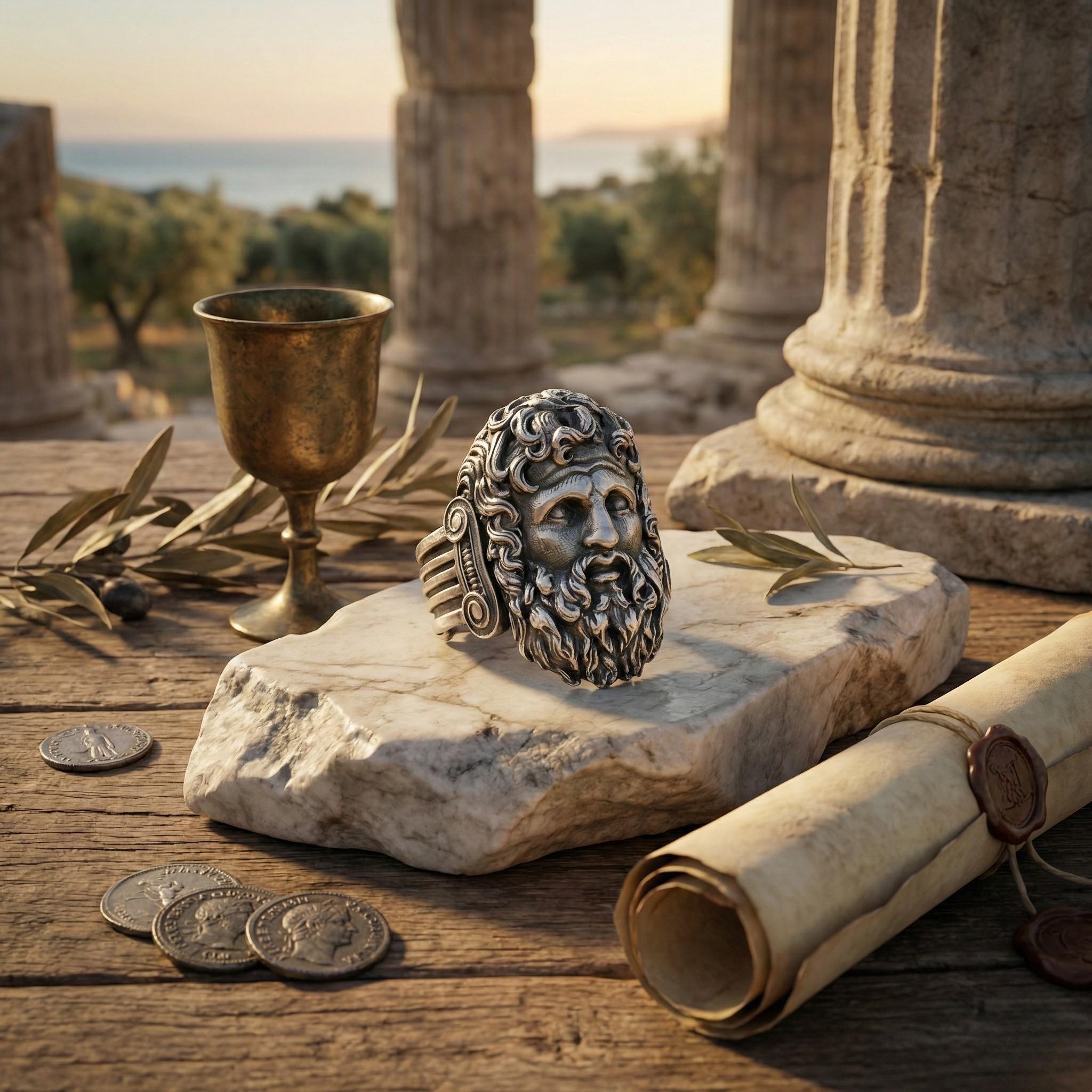 a ring with a beard design, a cup, a scroll, and some coins arranged on a stone surface, with a scenic background of columns and a body of water.