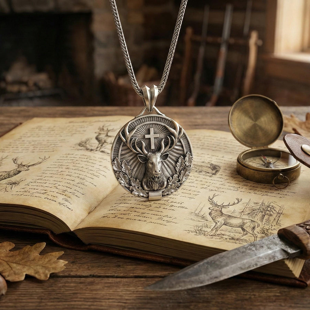 Aziz Hubertus Geyik Kolye Ucu Oksitlenmiş Gümüş Hristiyan Avcılık Sembolü Takı