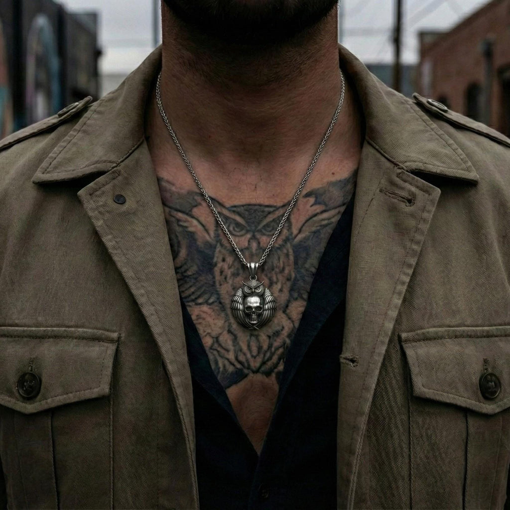 Baykuş Kafatası Kolye Ucu, Oksitlenmiş Gümüş, Gotik Bilgelik Temalı Takı