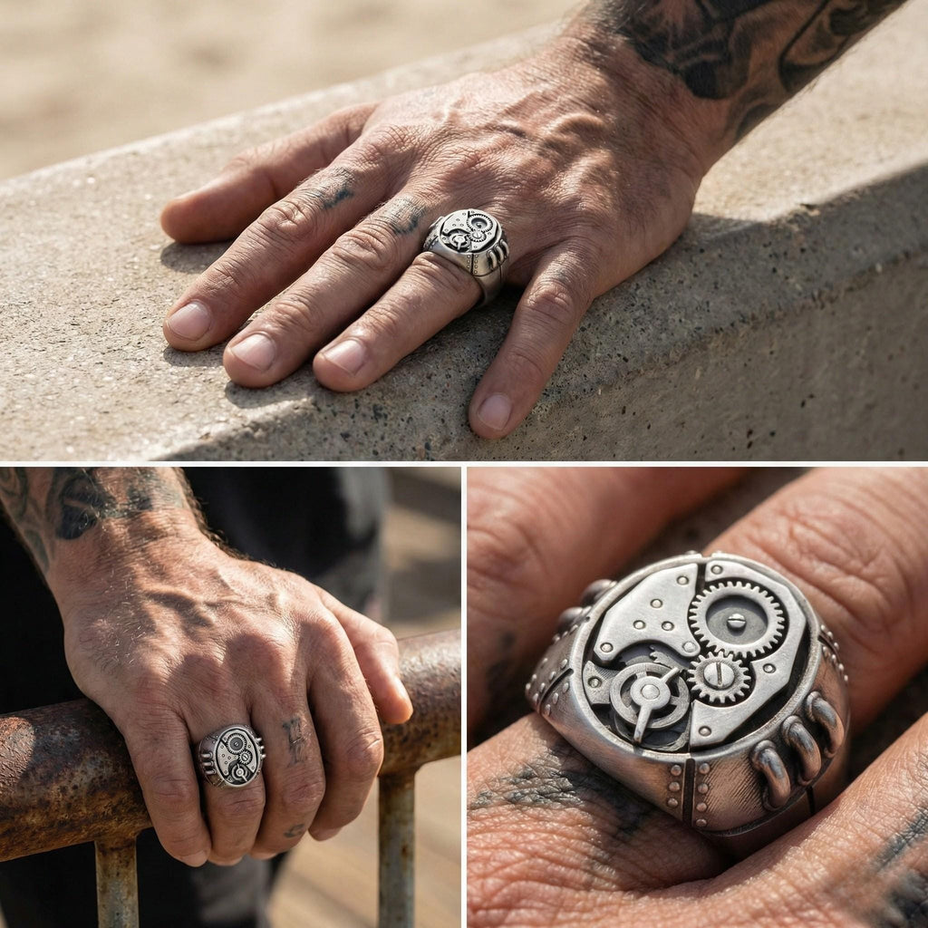 A close-up of a person's hand wearing a silver ring with a mechanical design, resting on a railing.