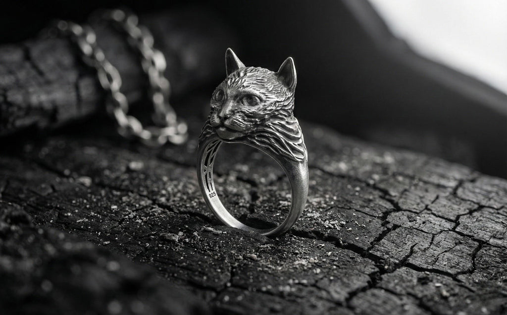 925 Ayar Gümüş Kedi Yüzük – 3 Boyutlu Kedi Başı Yüzüğü