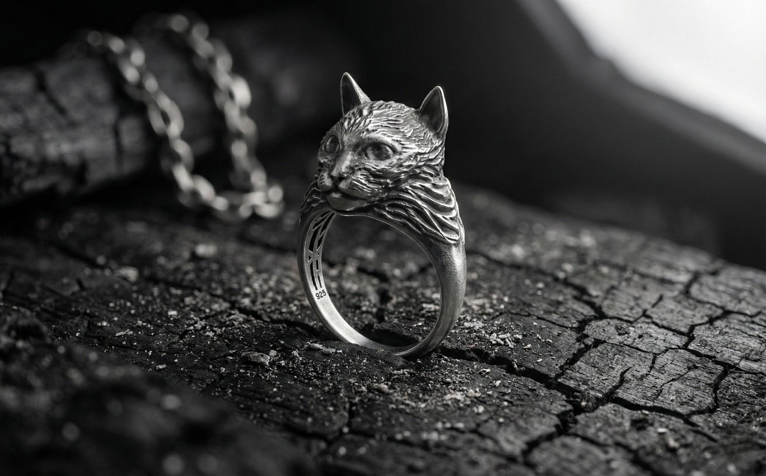 925 Ayar Gümüş Kedi Yüzük – 3 Boyutlu Kedi Başı Yüzüğü