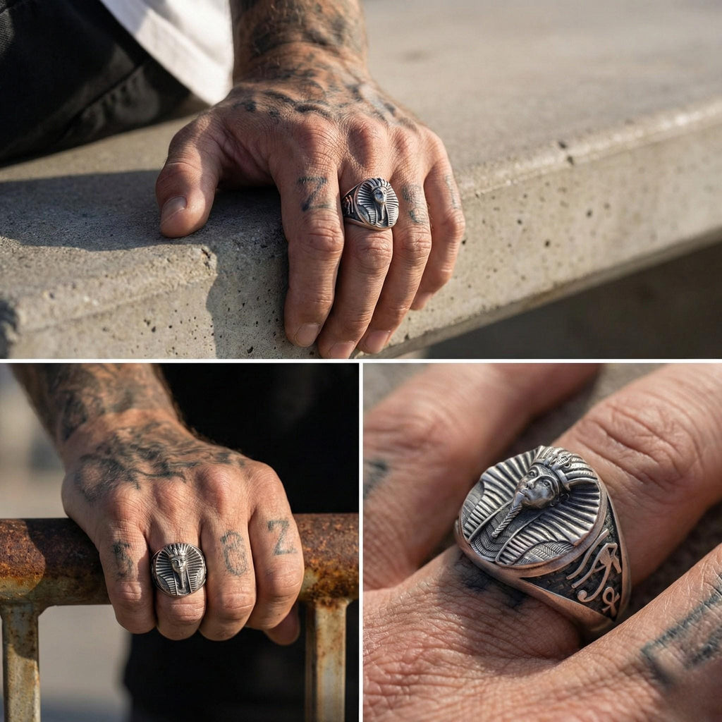 A person's hand wearing a large, ornate ring with a pharaoh-like design, resting on a railing.