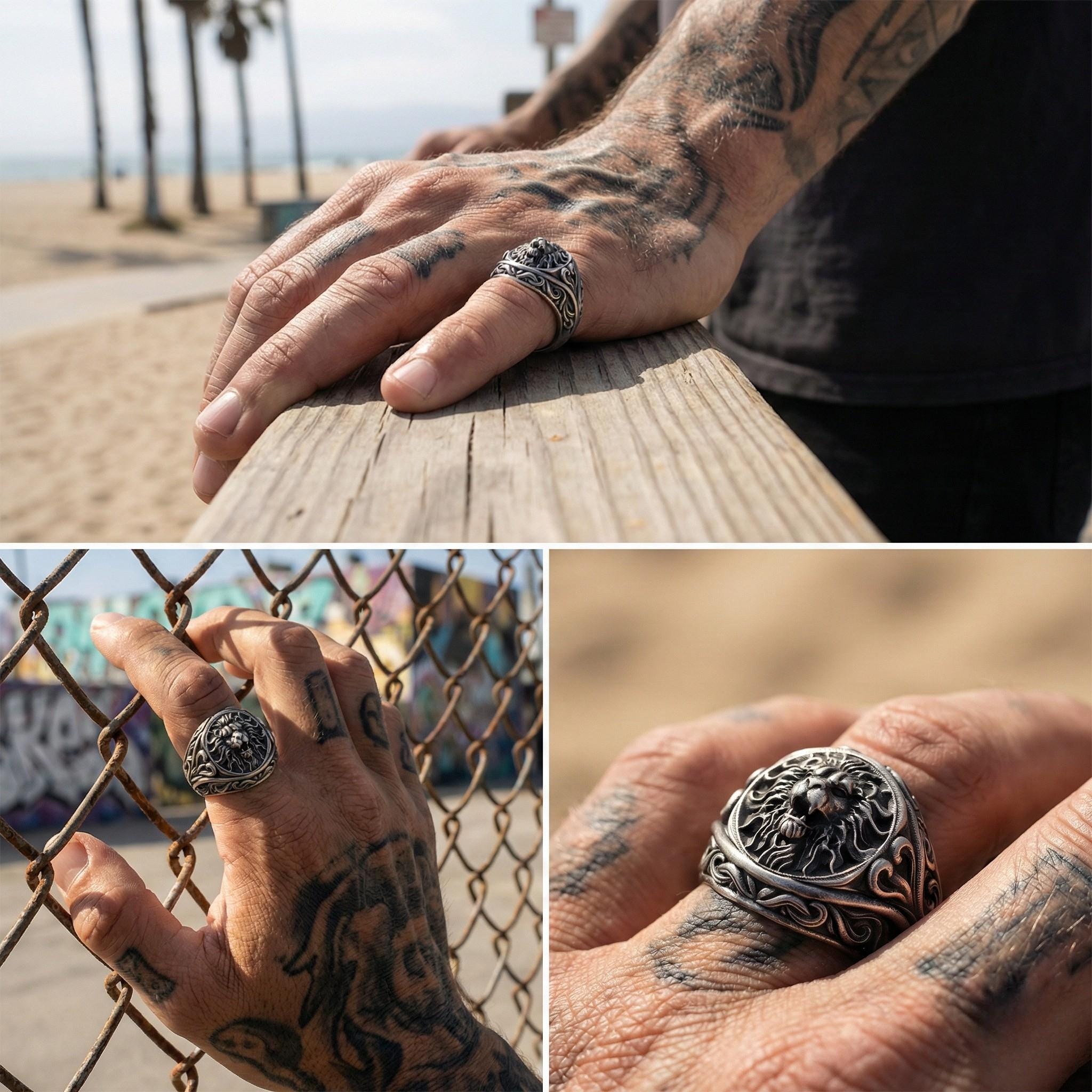 A collage of three images showing a person's hand with tattoos, wearing a ring, and resting on a wooden railing.