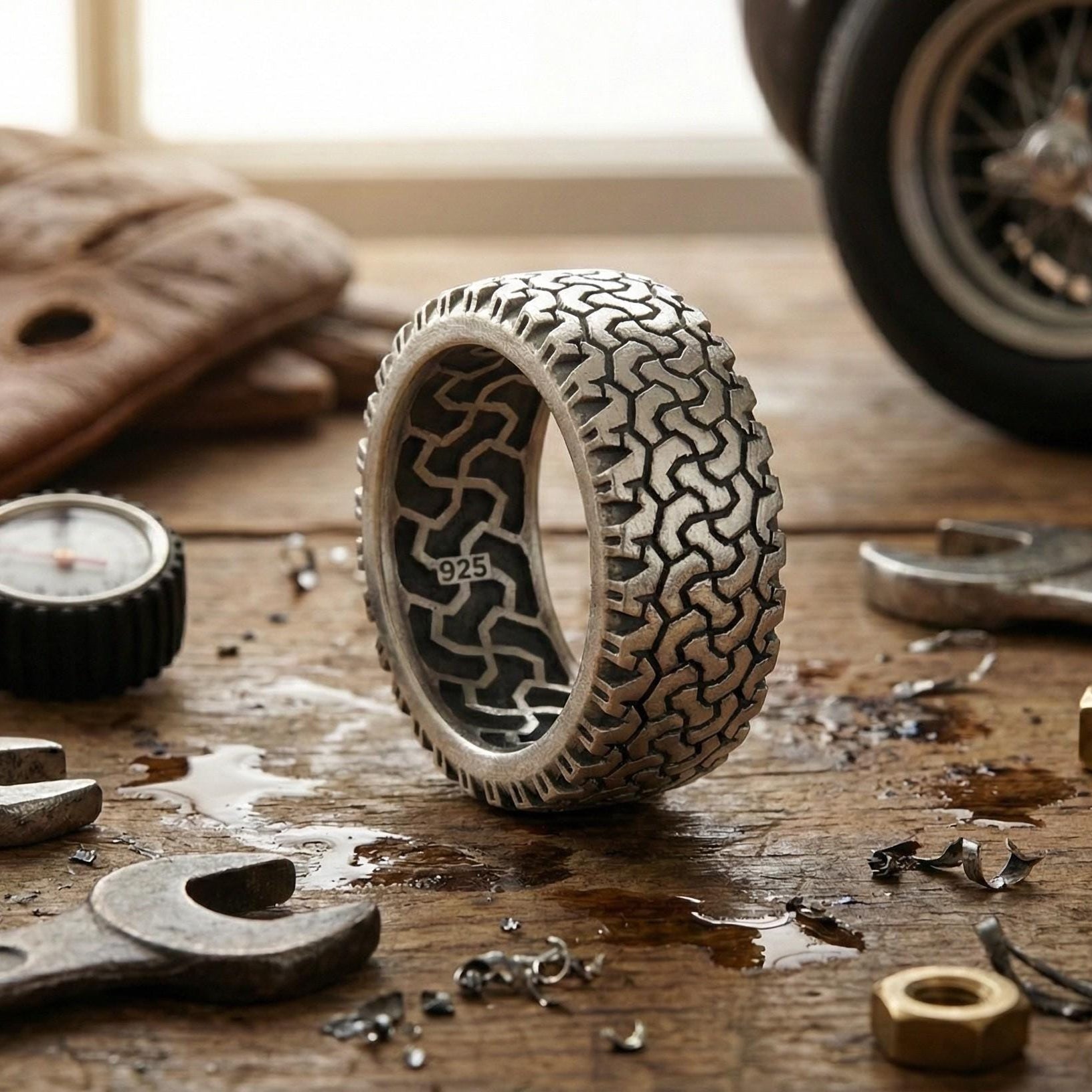 Unisex Gümüş Lastik Desenli Yüzük