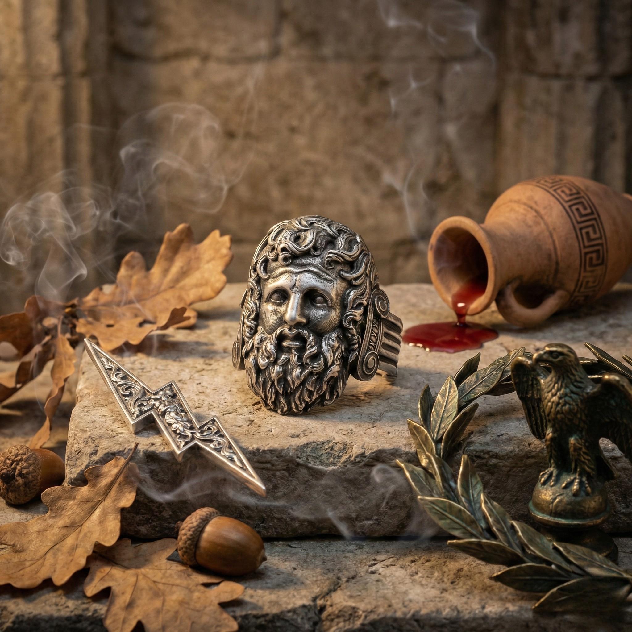 a ring with a face design, a vase with a red liquid, a lightning bolt, a laurel wreath, and some leaves and acorns on a stone surface.