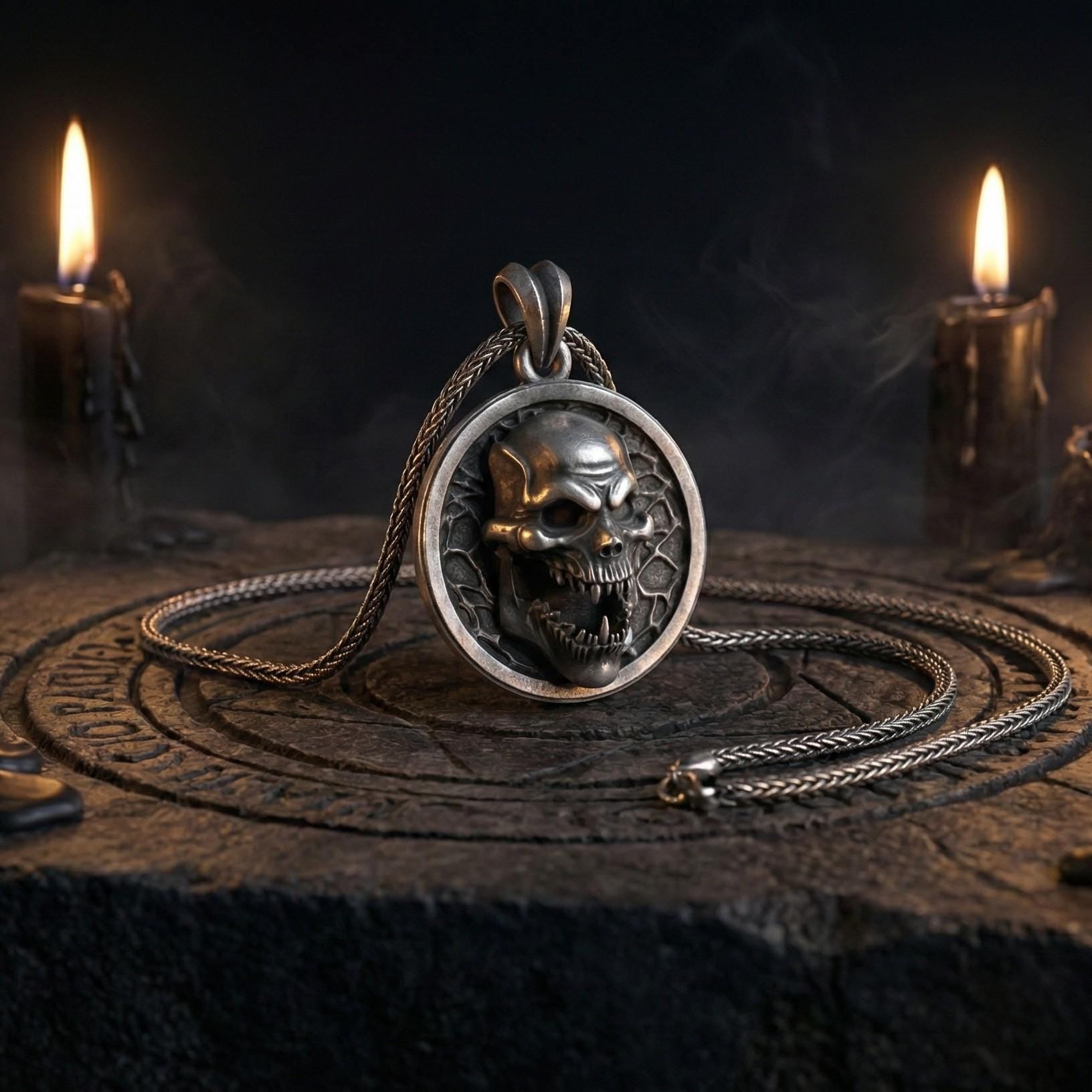 Canavar Kafası Kolye Oksitlenmiş Gümüş Korku Temalı Takı