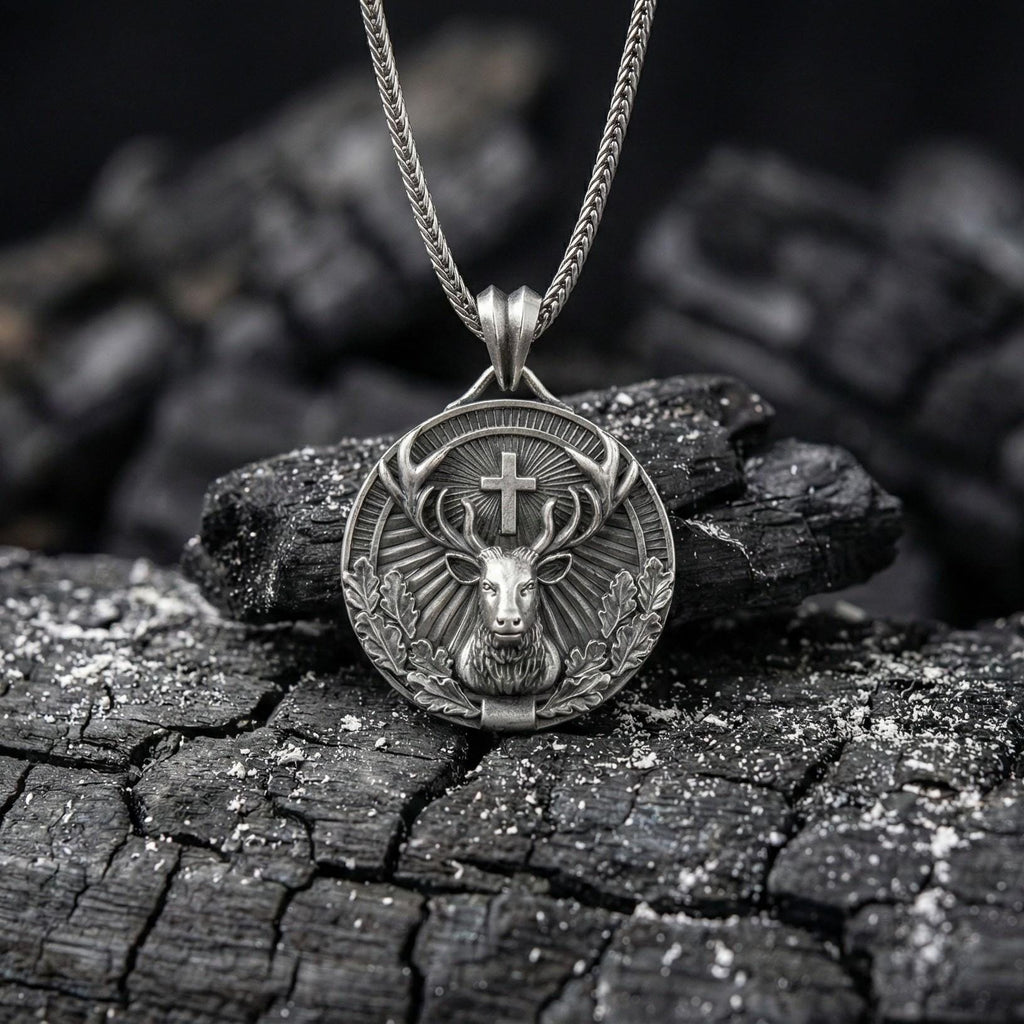 Aziz Hubertus Geyik Kolye Ucu Oksitlenmiş Gümüş Hristiyan Avcılık Sembolü Takı