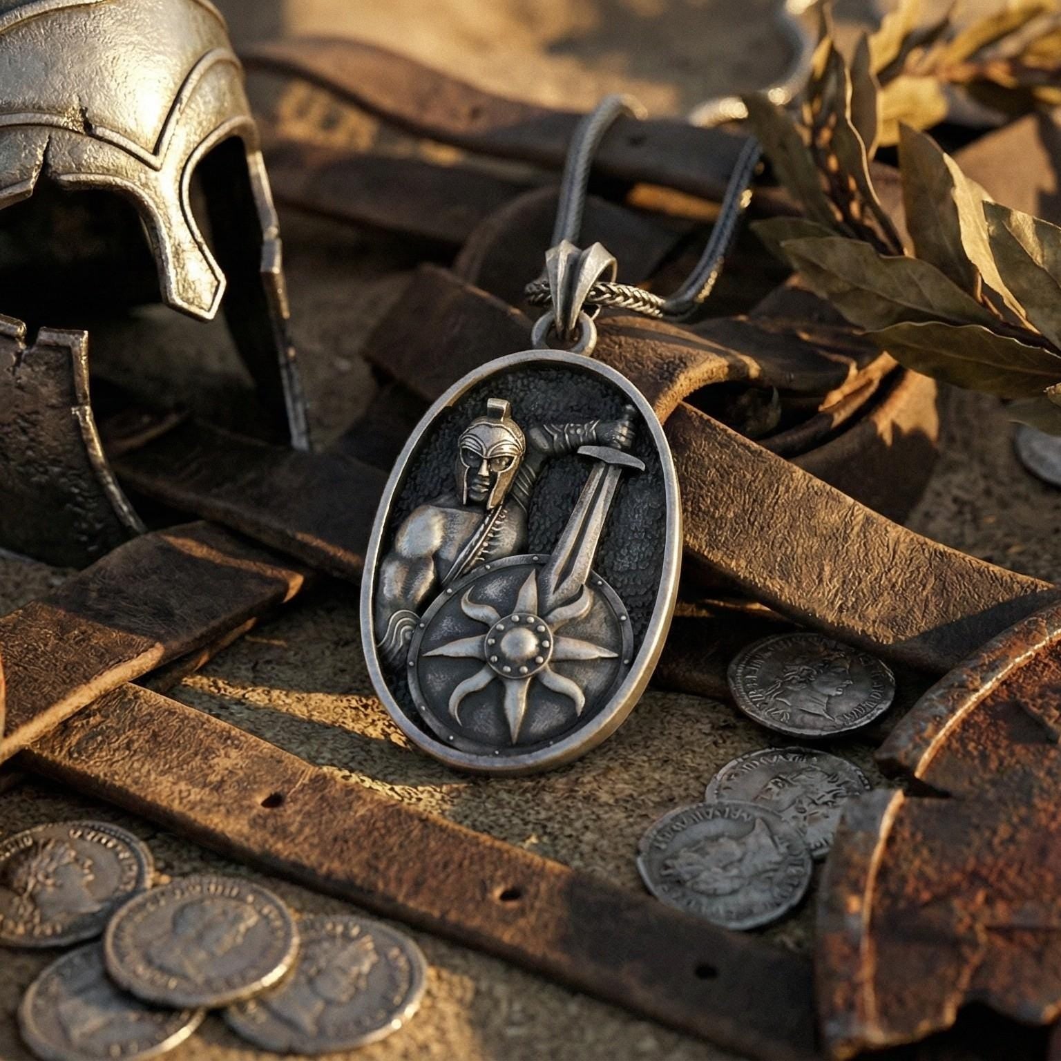 Roma Gladyatör Kolye Ucu Oksitlenmiş Gümüş Savaşçı Kalkanı Şeklinde Takı