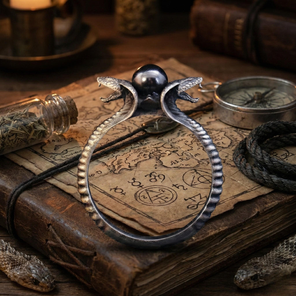 an ornate ring with a snake design, placed on top of an old book with a map and other objects such as a compass and a snake.