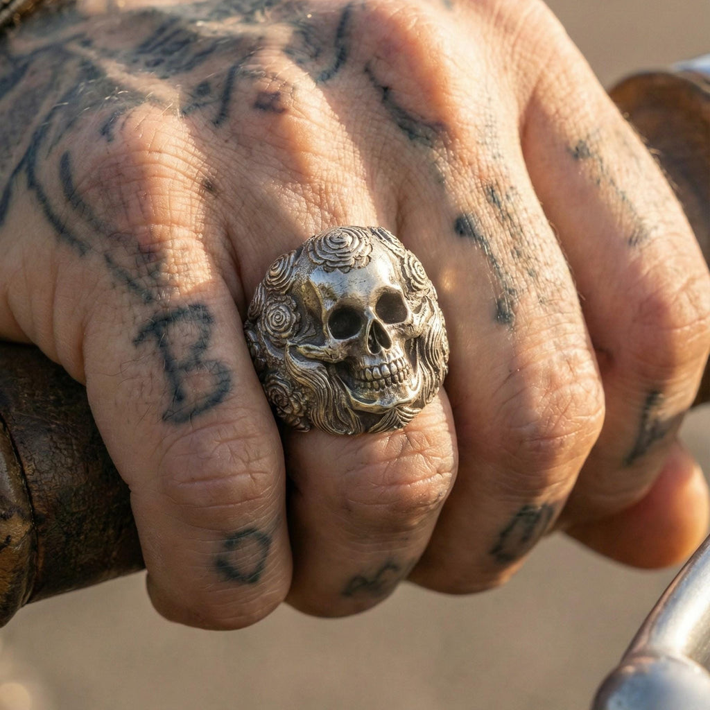 A close-up of a person's hand with a large, ornate ring featuring a skull design. The hand also has tattoos visible on the fingers.