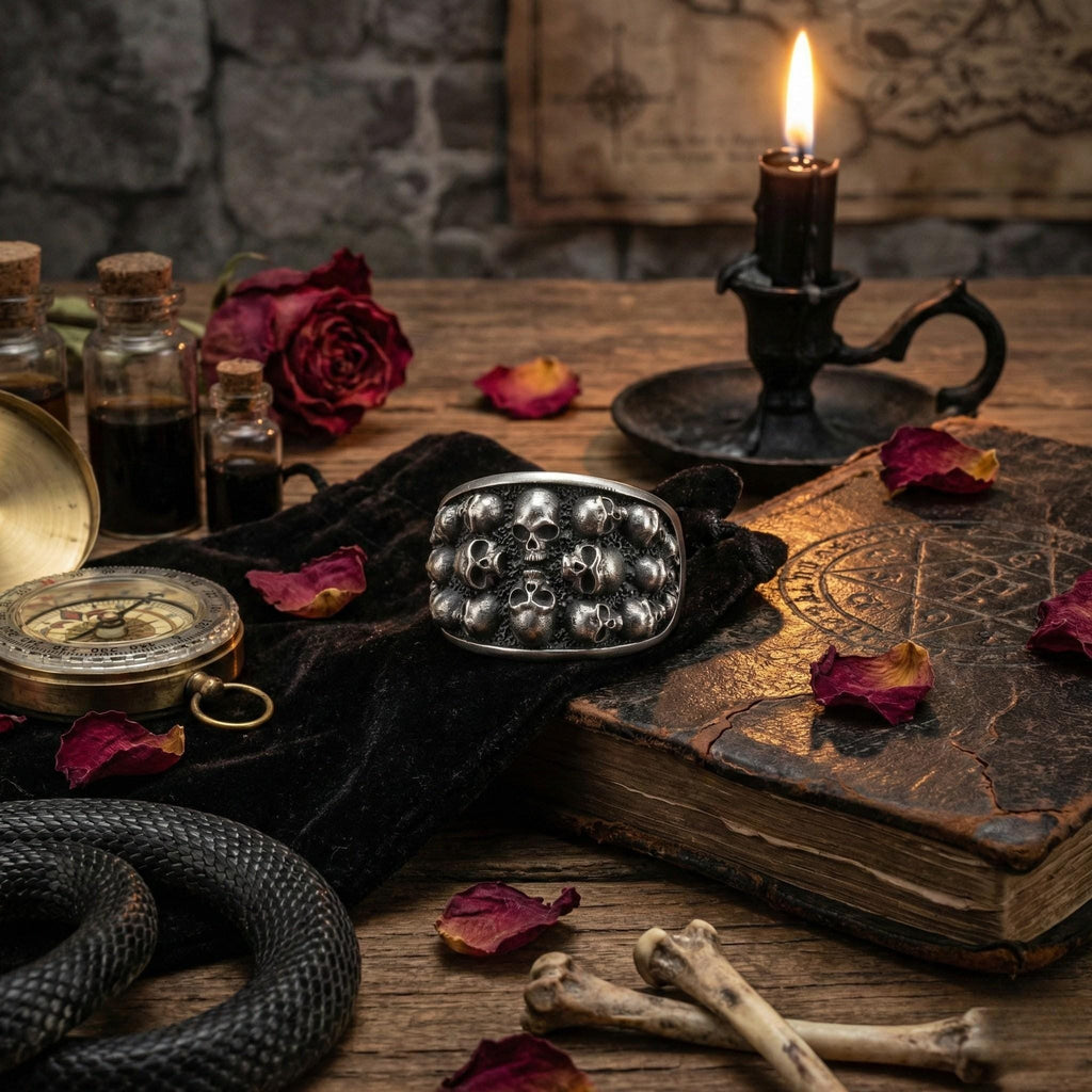 an assortment of objects, including a candle, a book, a rose, a bracelet, a snake, and a map, all arranged on a wooden surface.