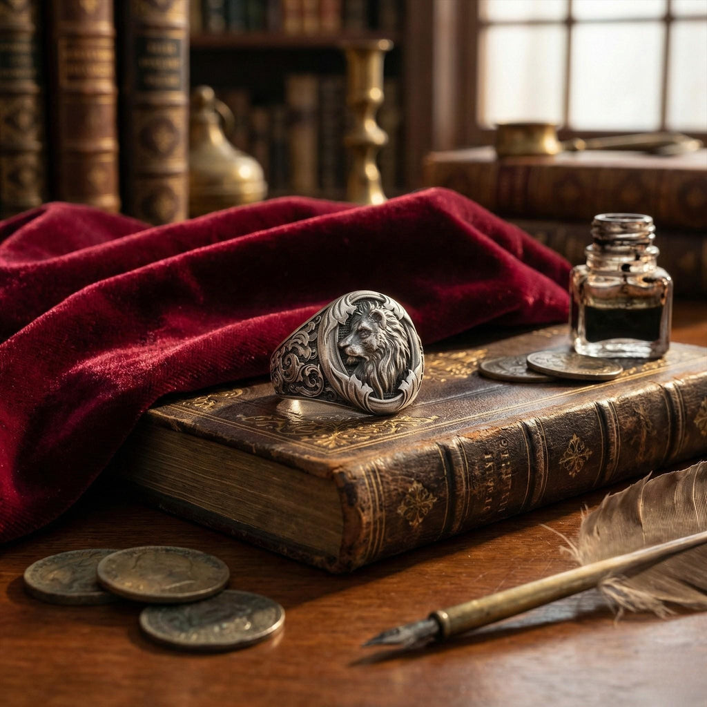 a ring with a lion design, a book, a pen, and some coins on a wooden surface.