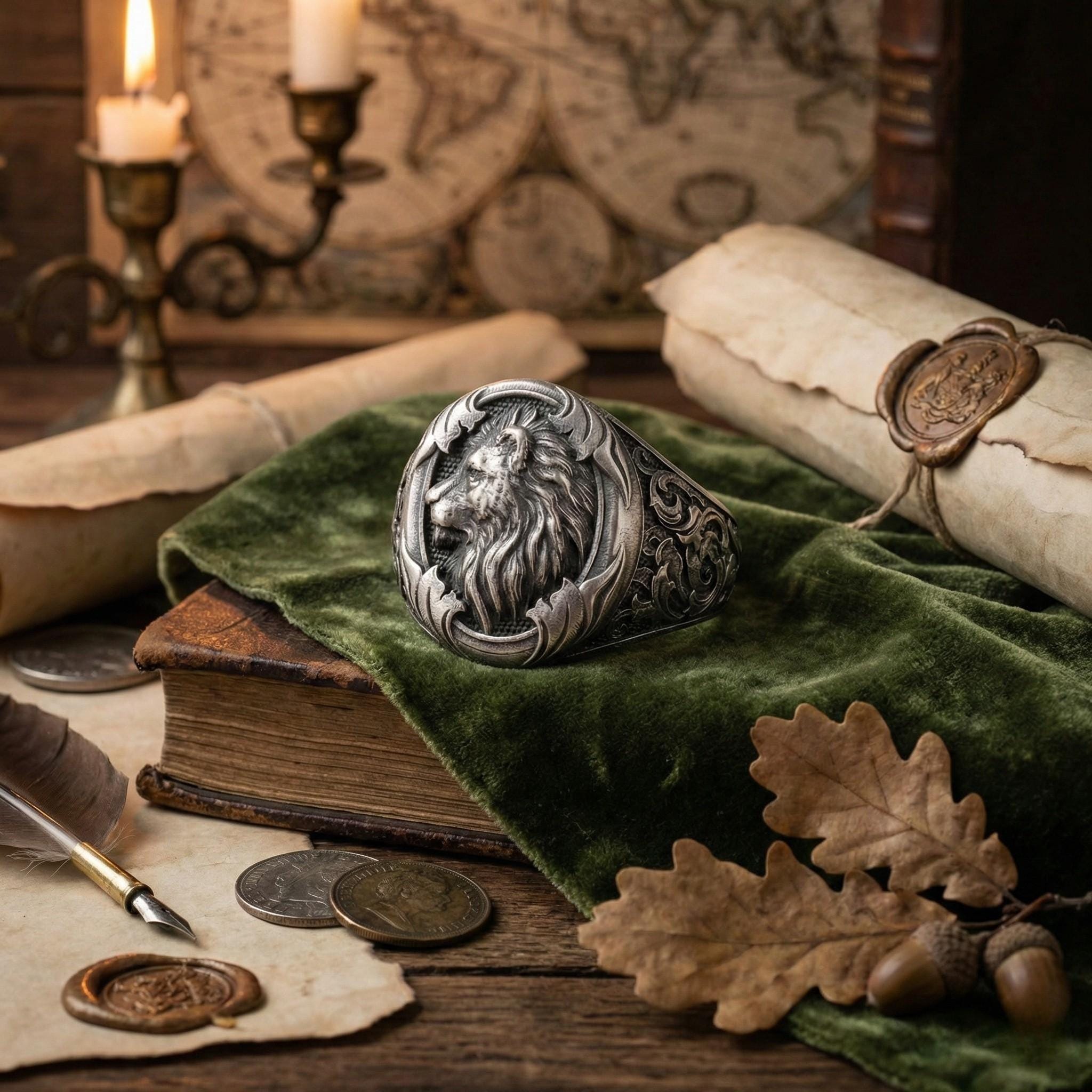 a silver ring with a lion's head design, surrounded by various objects such as a book, parchment, coins, leaves, and a candle.