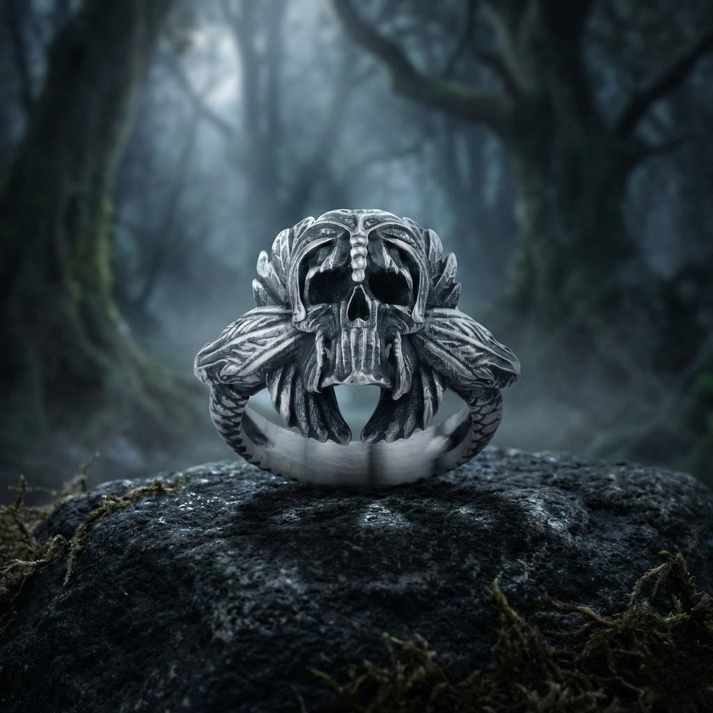 A silver skull ring with intricate designs sits on a rock in a dark, misty forest.