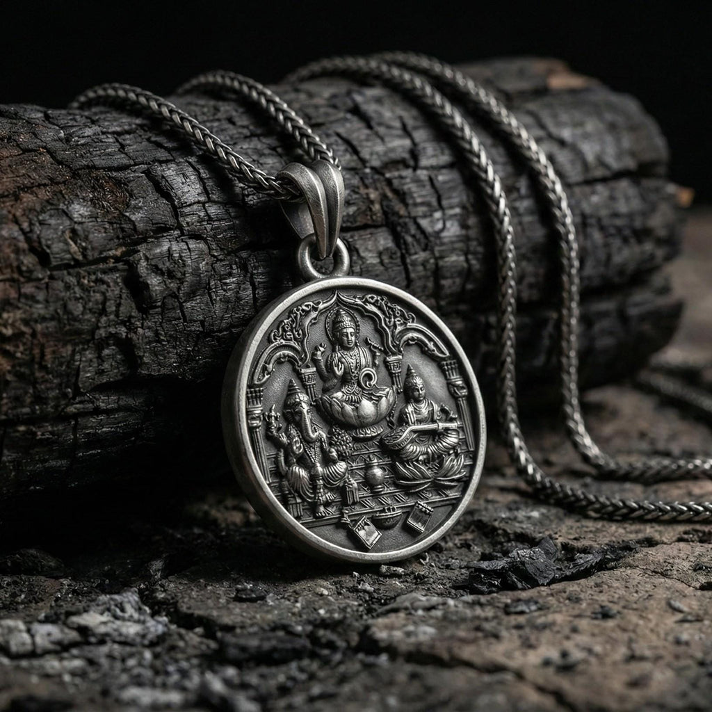 Lakshmi Ganesh Saraswati Kolyesi Oksitlenmiş Gümüş Hindu Takısı