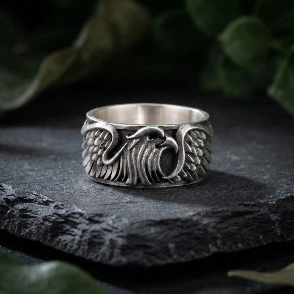A silver ring with an intricate design featuring a bird, possibly an eagle, on a dark surface.