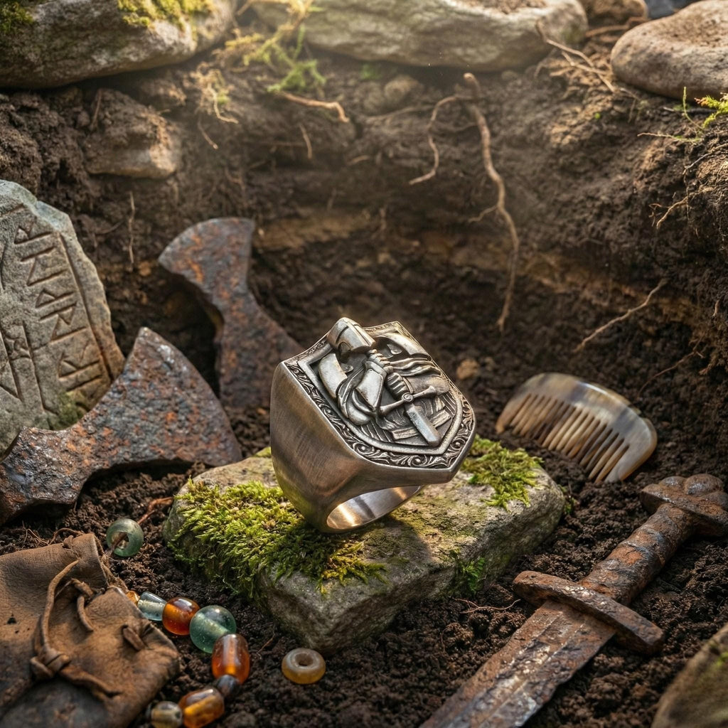 a ring with a shield design, surrounded by various artifacts and objects, including a sword, a comb, and some beads, all set against a rocky and mossy background.
