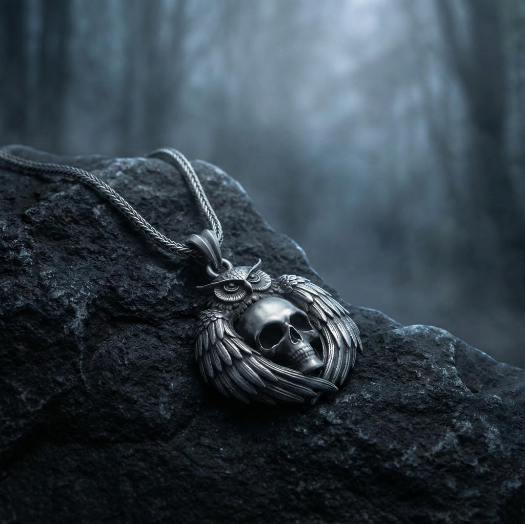 Baykuş Kafatası Kolye Ucu, Oksitlenmiş Gümüş, Gotik Bilgelik Temalı Takı