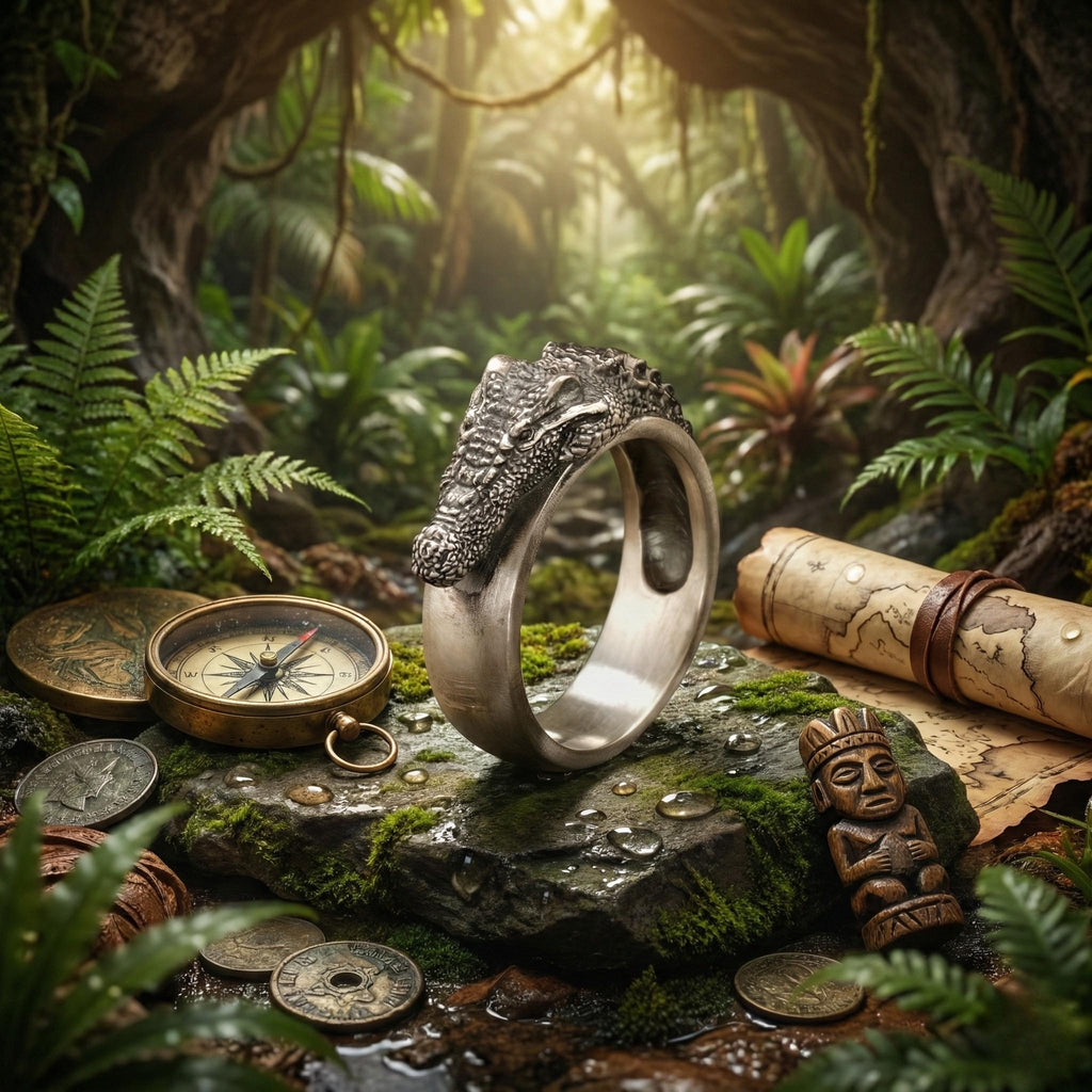 a ring with a skull design, surrounded by various objects such as a compass, a map, and a carved wooden figure, all set against a lush, green jungle backdrop.
