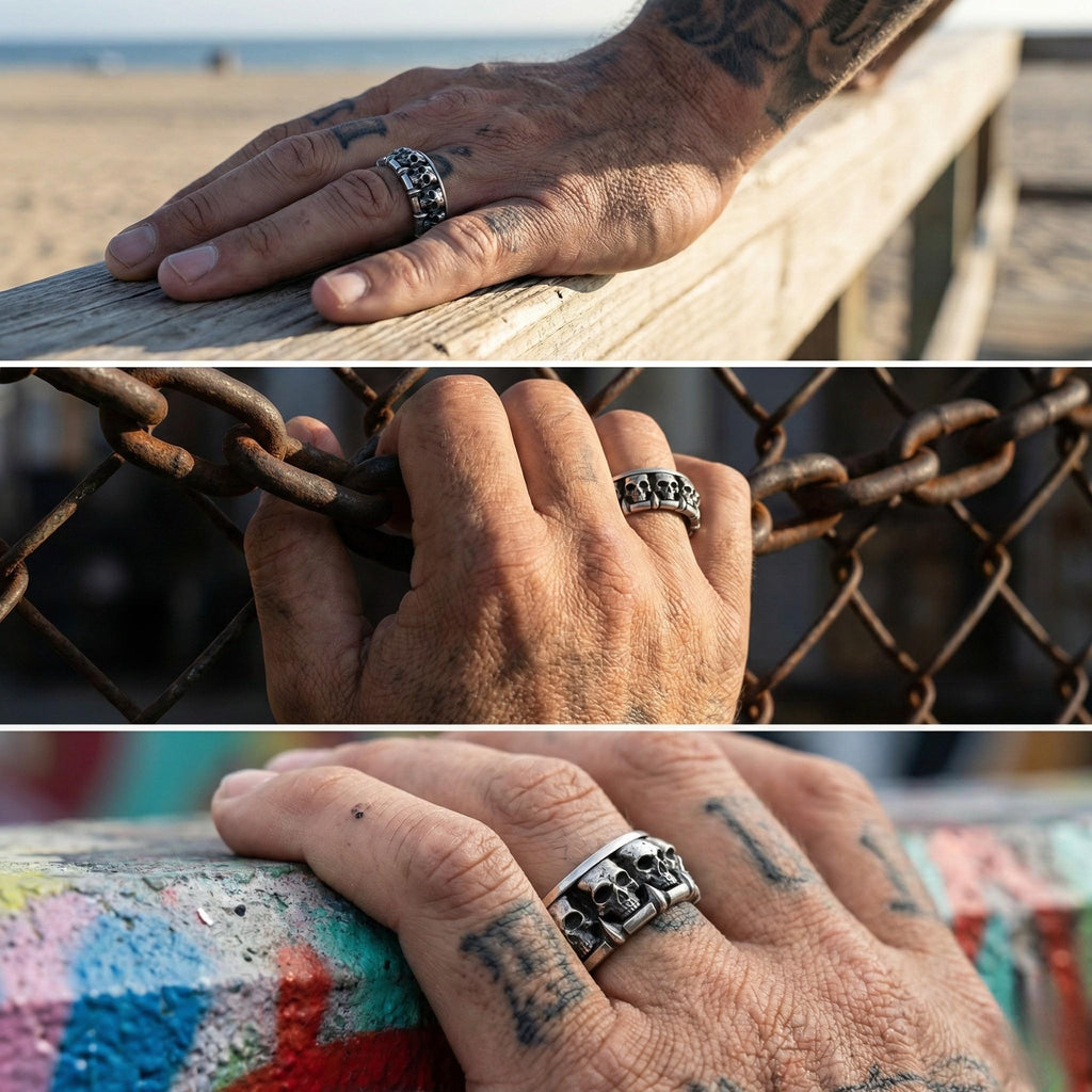 A collage of three images showing a person's hand wearing a ring with skull designs, resting on a wooden railing and a colorful graffiti wall.
