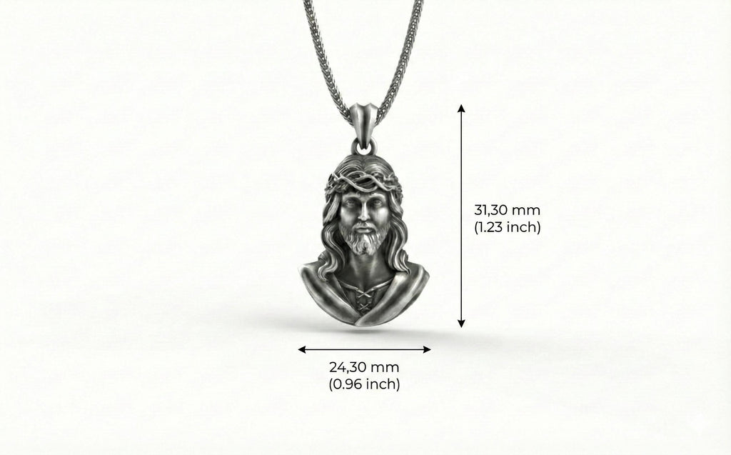 Antik Gümüş İsa Büstü Kolye Hristiyan Dini Madalyon Takı