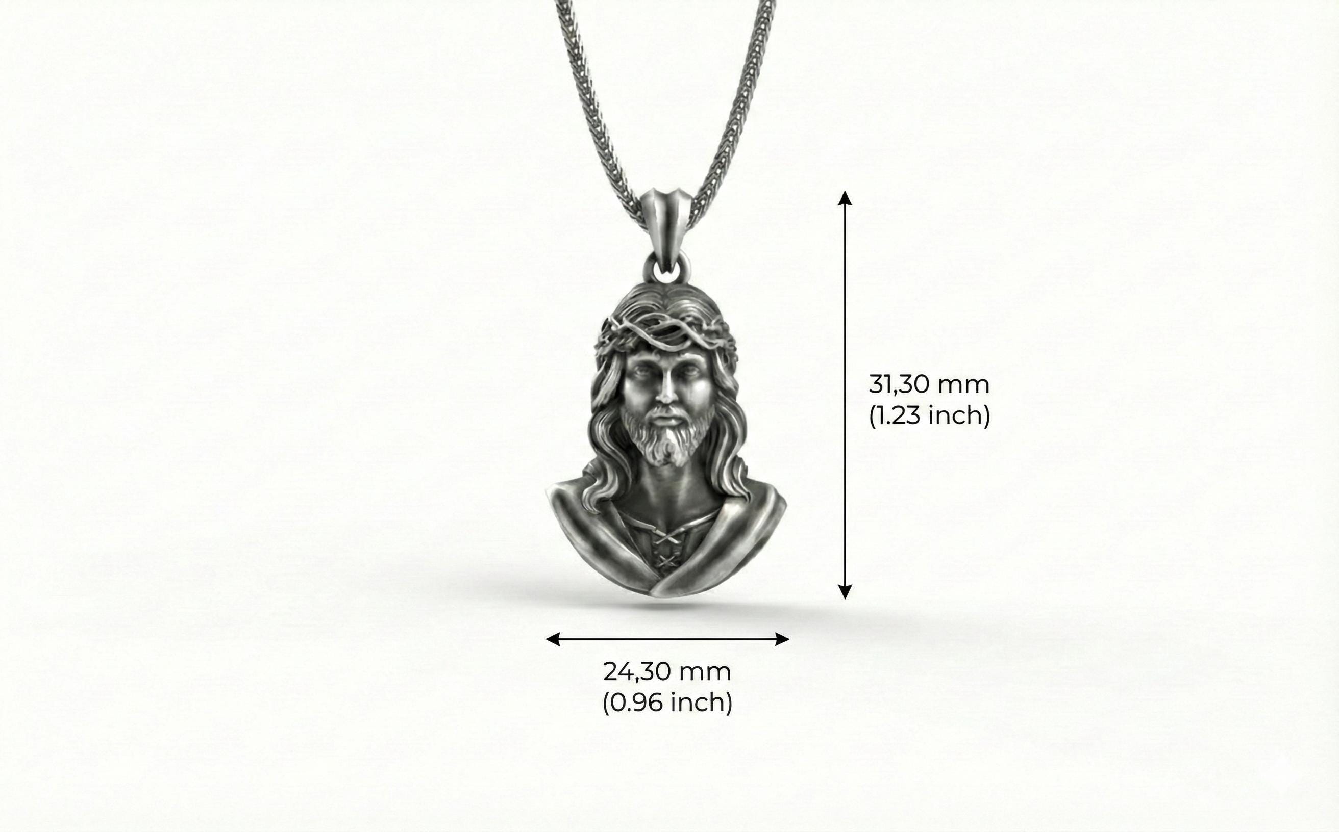 Antik Gümüş İsa Büstü Kolye Hristiyan Dini Madalyon Takı