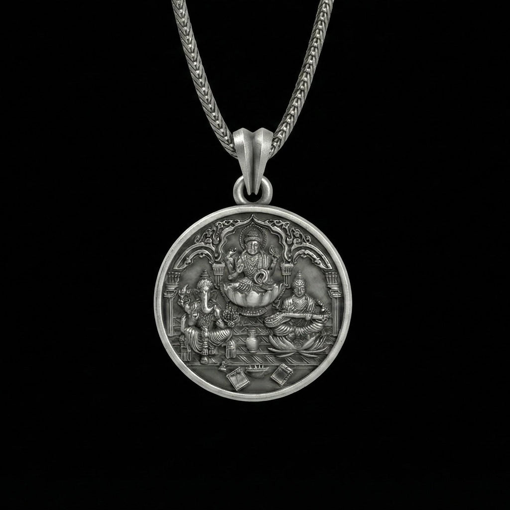 Lakshmi Ganesh Saraswati Kolyesi Oksitlenmiş Gümüş Hindu Takısı