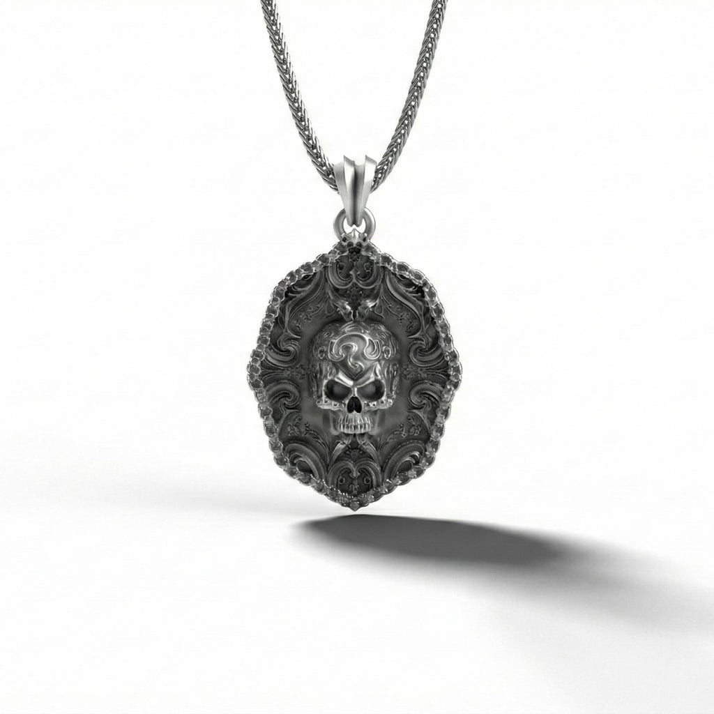Süslemeli Kafatası Kolye Ucu Oksitlenmiş Gümüş Gotik Tarzı Gösterişli Takı
