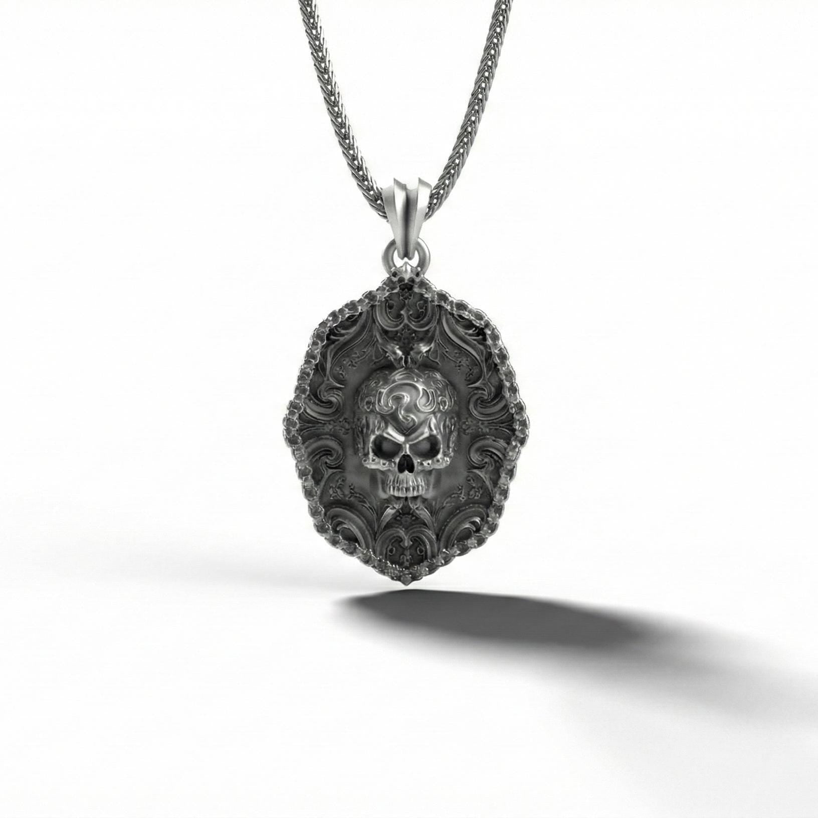 Süslemeli Kafatası Kolye Ucu Oksitlenmiş Gümüş Gotik Tarzı Gösterişli Takı