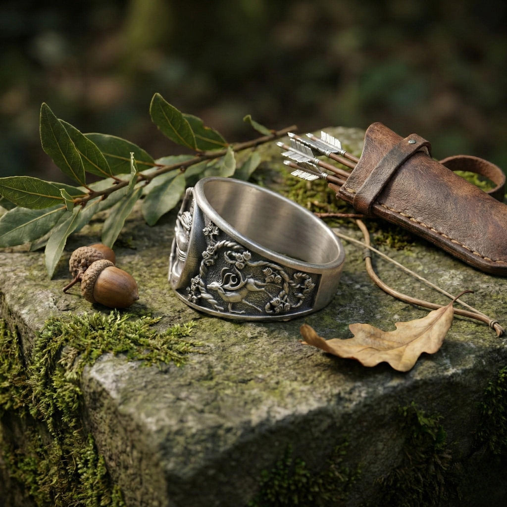 A silver ring with a decorative design sits on a mossy rock, surrounded by leaves, acorns, and a leather pouch containing arrows.