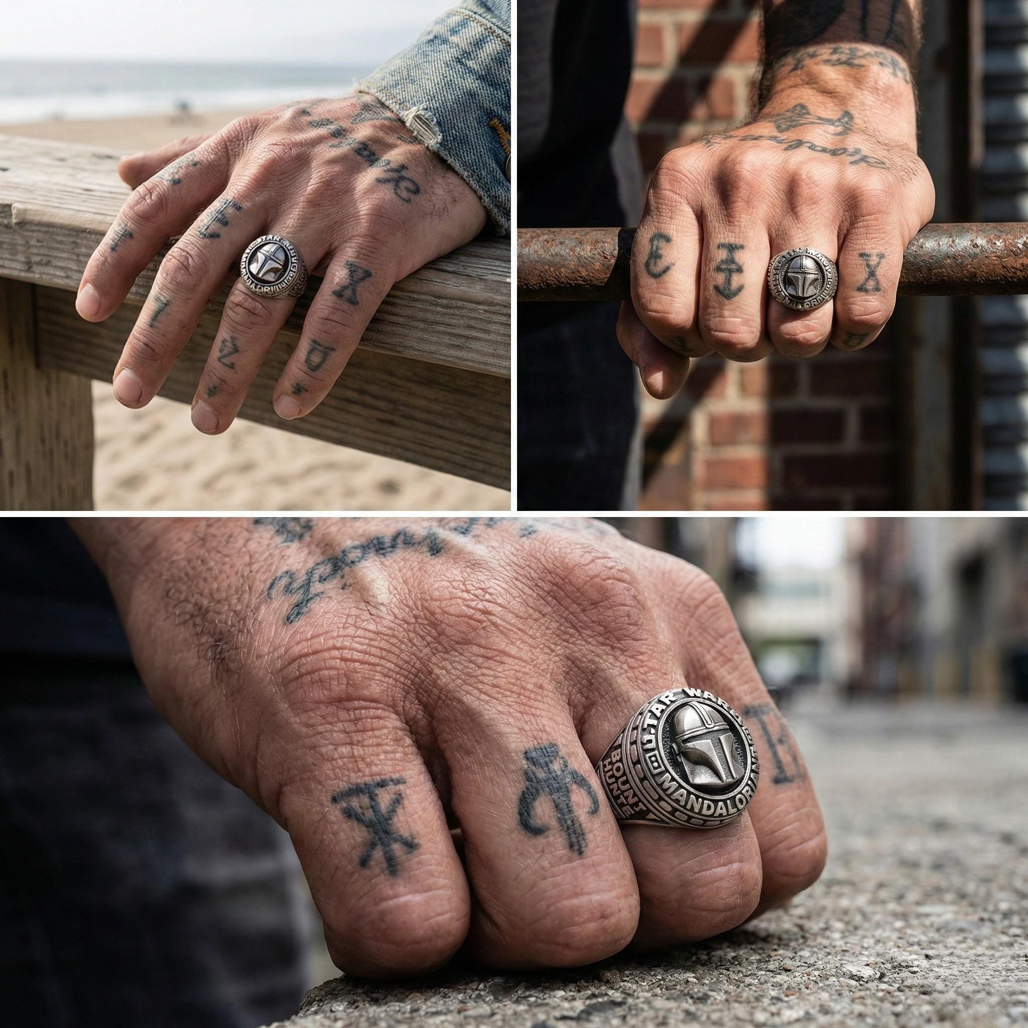 The image is a collage of three photos showing a person's hands with various tattoos and rings.
